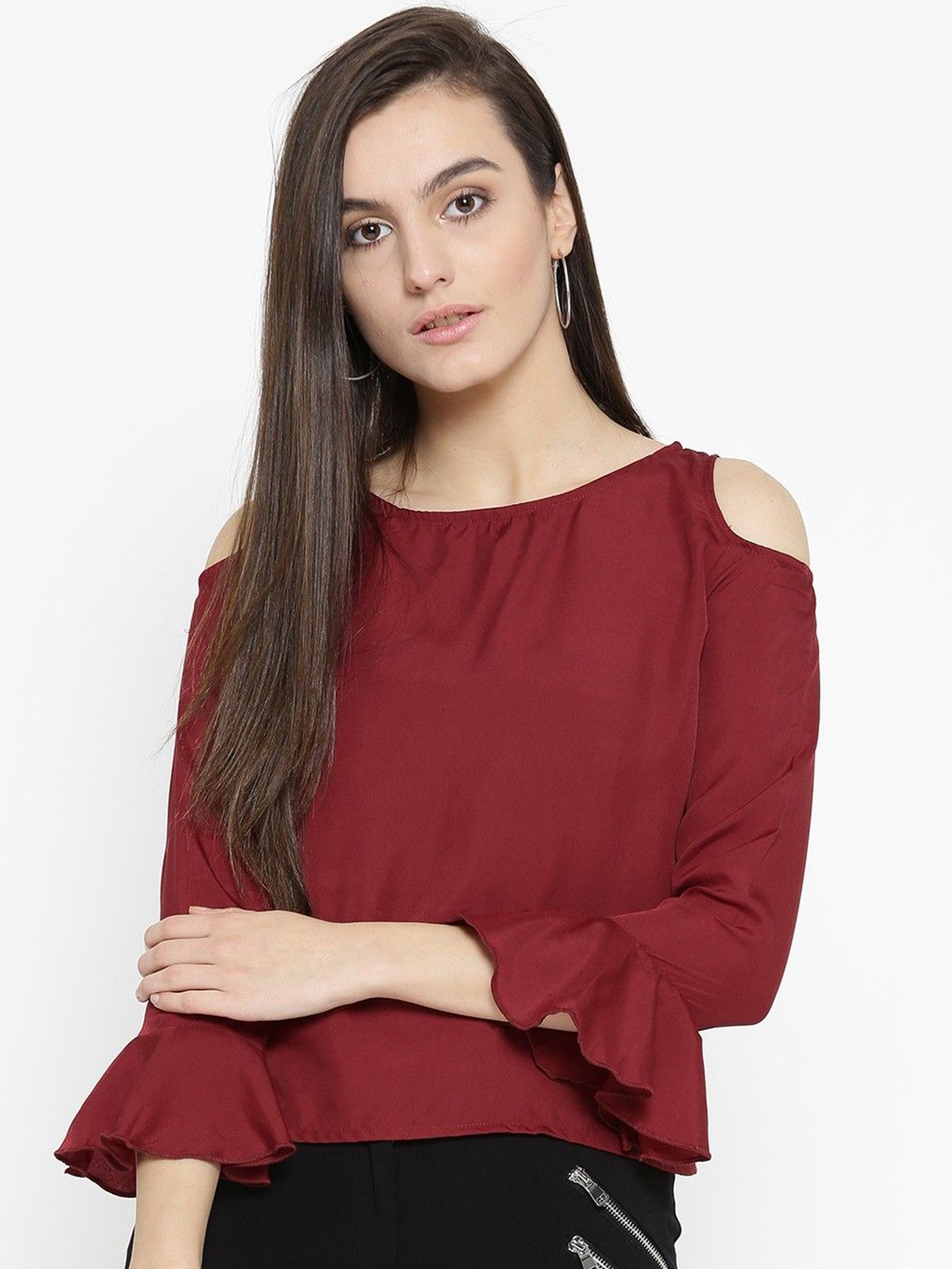 

Moda Rapido Women Solid Round Neck Cold-Shoulder Top, Maroon