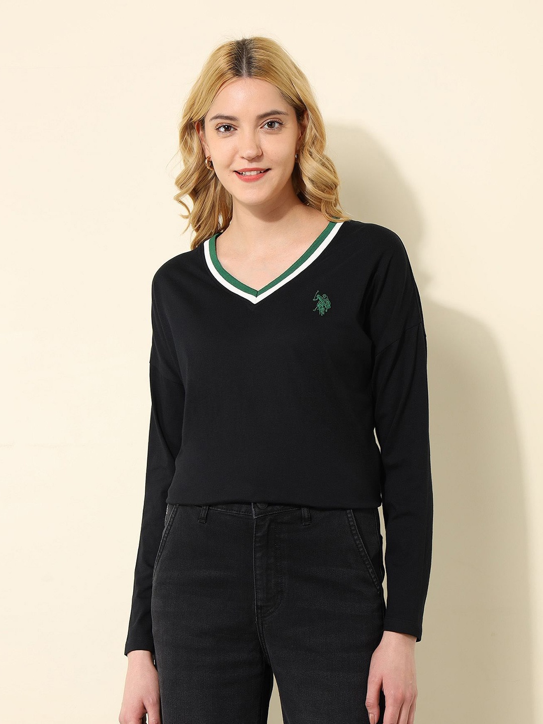 

U.S. Polo Assn. Women Solid V-Neck Cotton T-shirt, Black