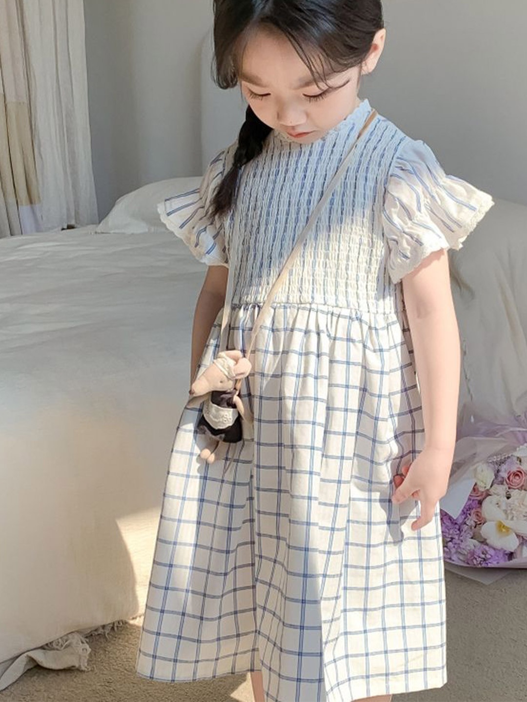 

LULU & SKY Checked Bell Sleeve A-Line Dress, White