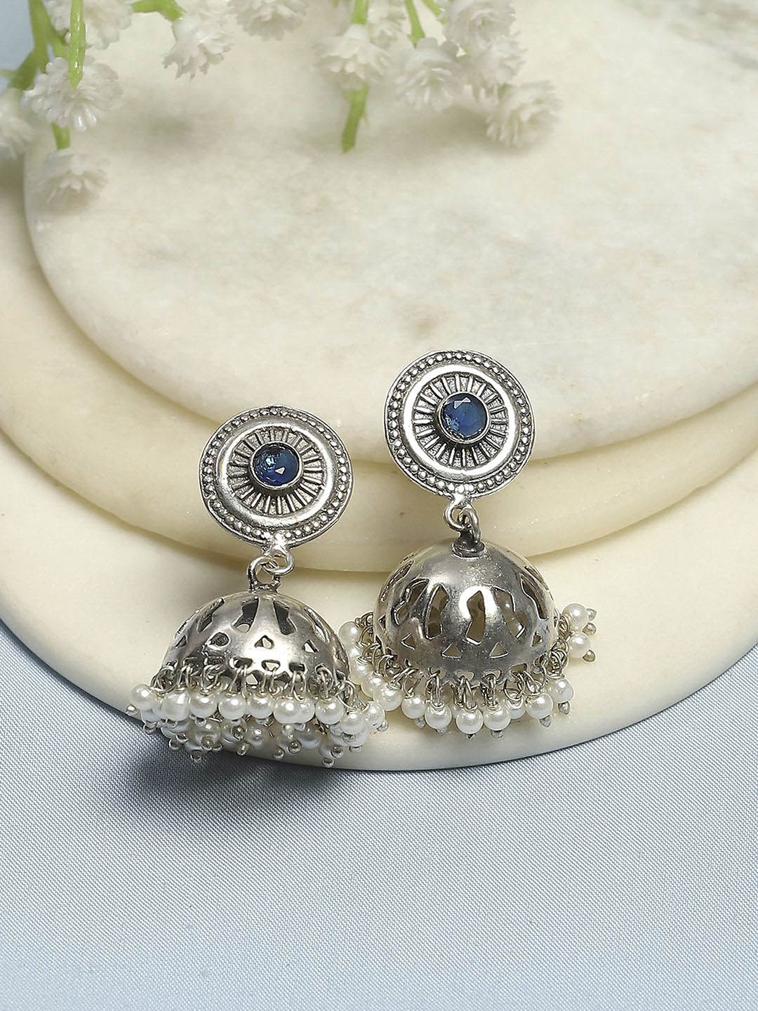 

Biba Silver-Plated Artificial Stones Studded And Beaded Dome Shaped Oxidised Jhumkas, Blue