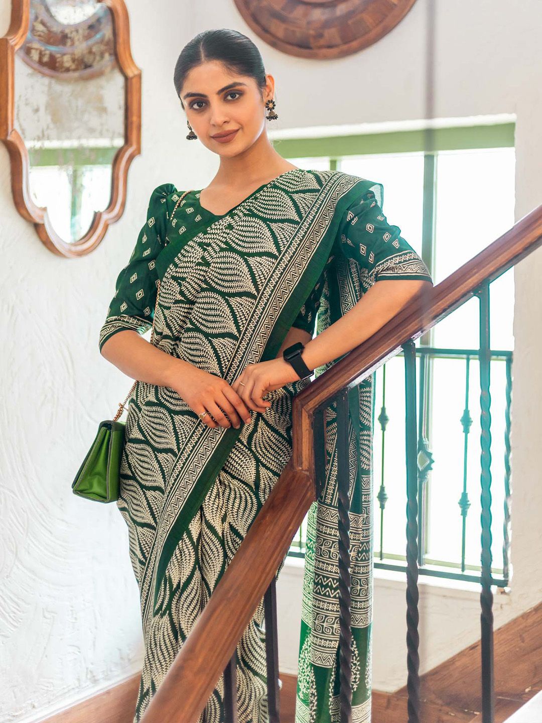 

KALINI Floral Silk Blend Dabu Saree, Green