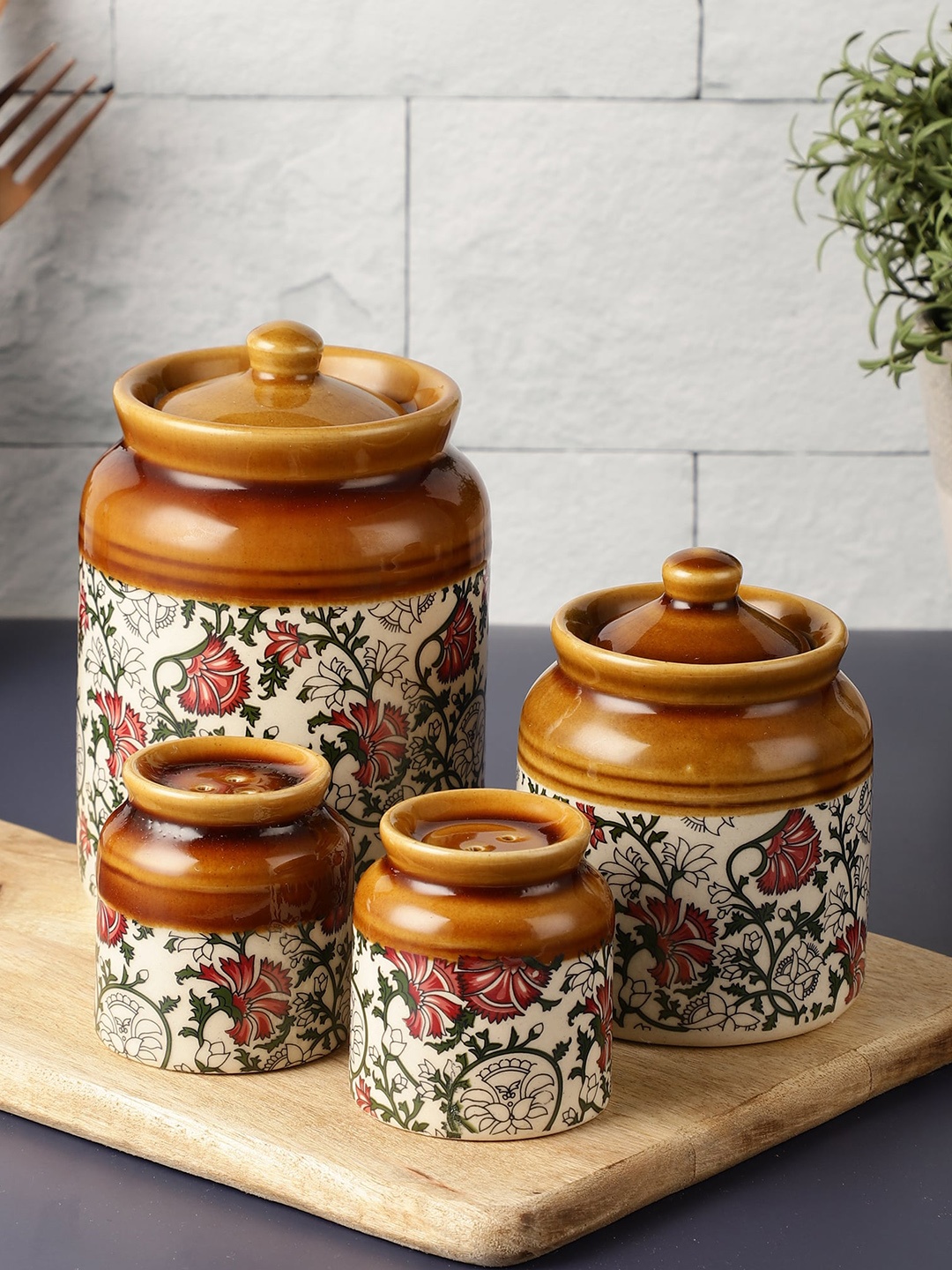 

EK DO DHAI Brown 4 Pieces Floral Printed Dishwasher and Microwave Safe Canister Containers