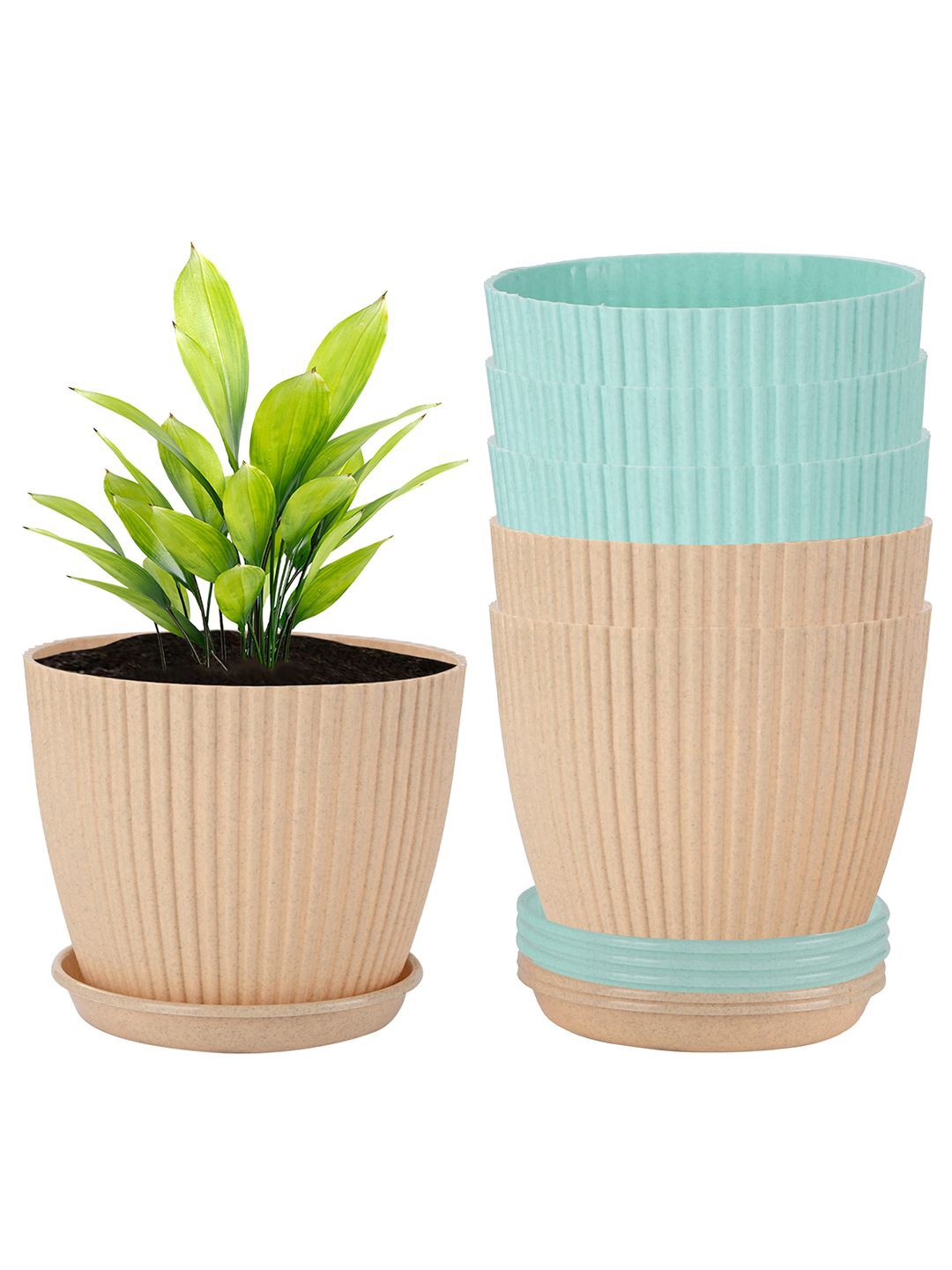

Kuber Industries Beige & Green 6 Pieces Textured Durable Planters With Tray