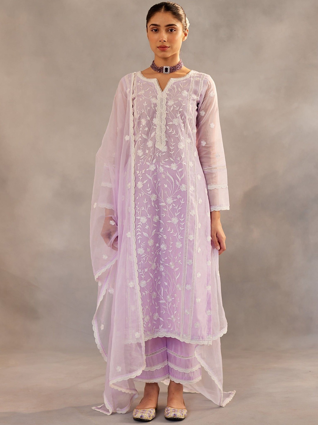 

Bought First Floral Embroidered A-Line Thread Work Kurta With Pyjamas And Dupatta, Lavender