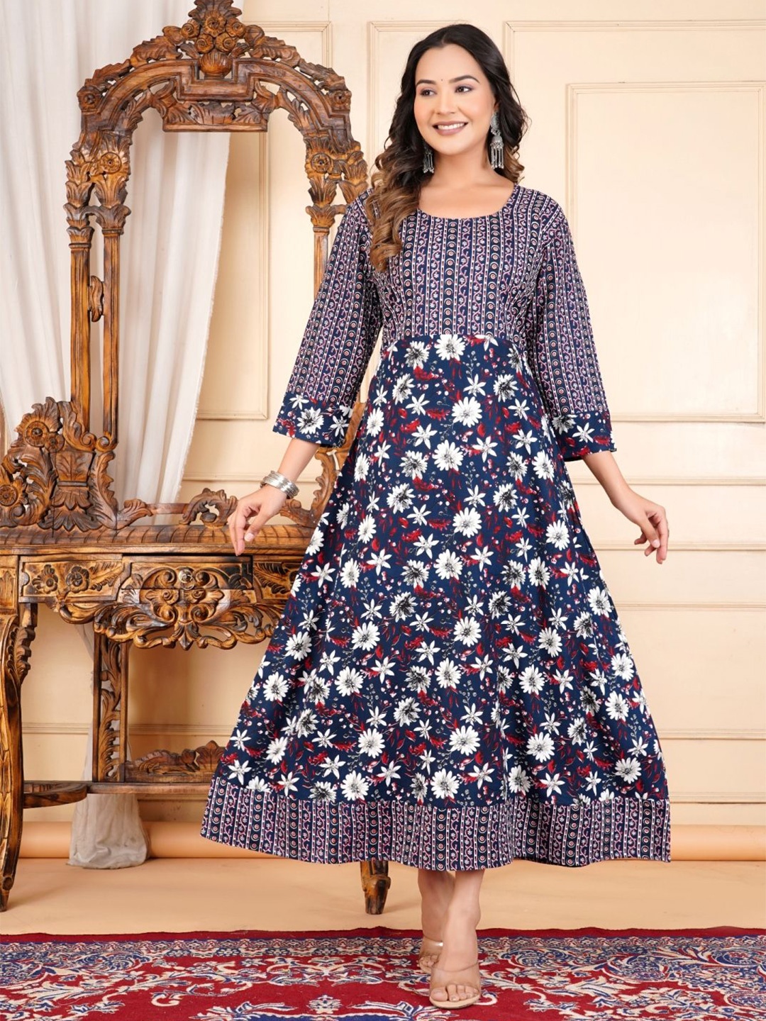 

FebQ Women Floral Printed Fit and Flare Midi Dress, Blue