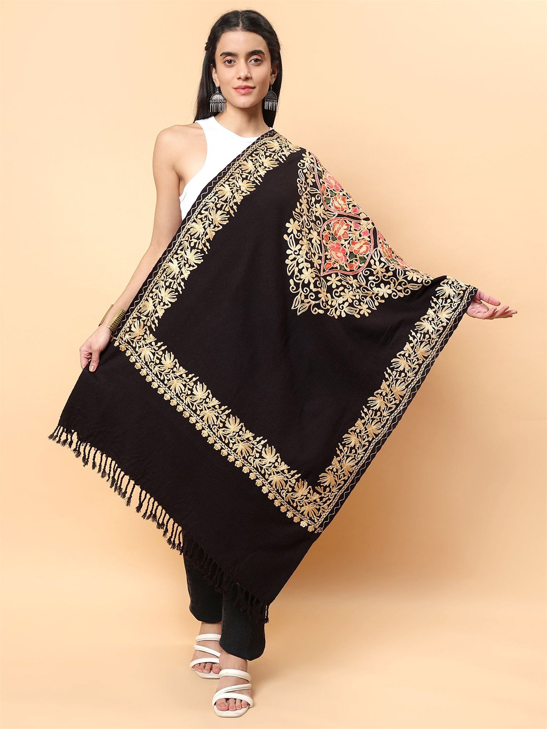 

Moda Chales Women Embroidered Stole With Tasselled, Black