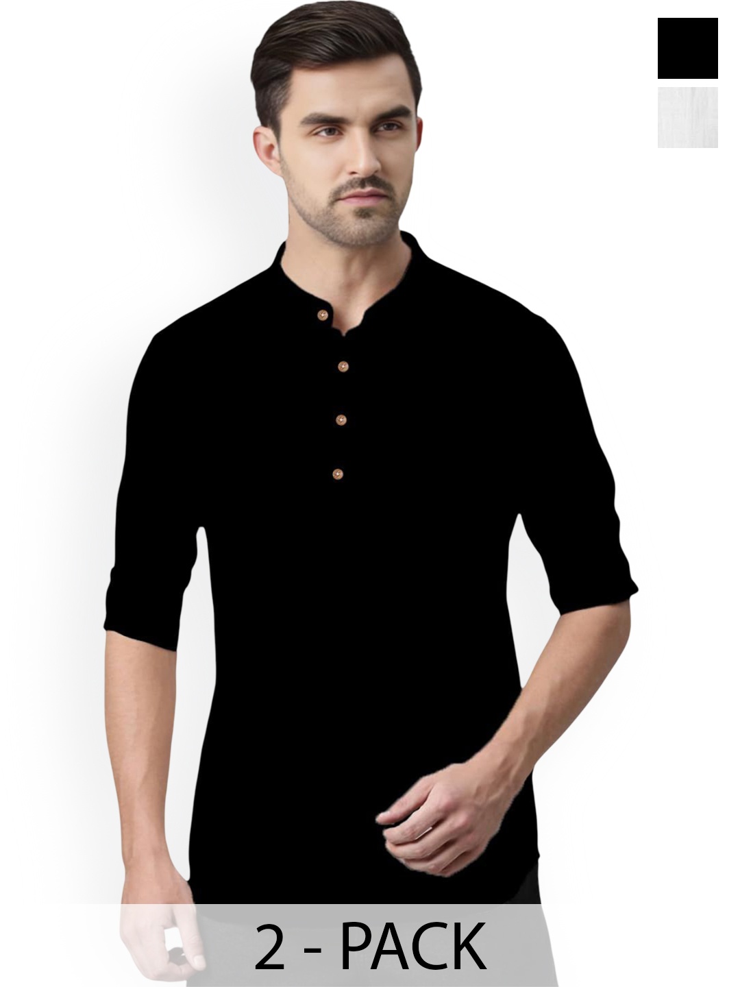 

Vida Loca Selection Of 2 Band Collar Cotton Slim Fit Straight Short Kurta, Black