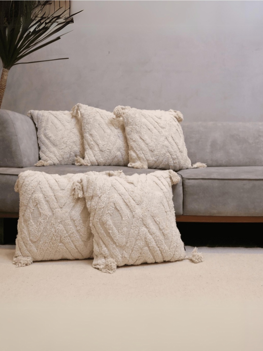 

LUSHLYF Tufted Off White 5 Pieces Geometric Textured Cotton Square Cushion Covers