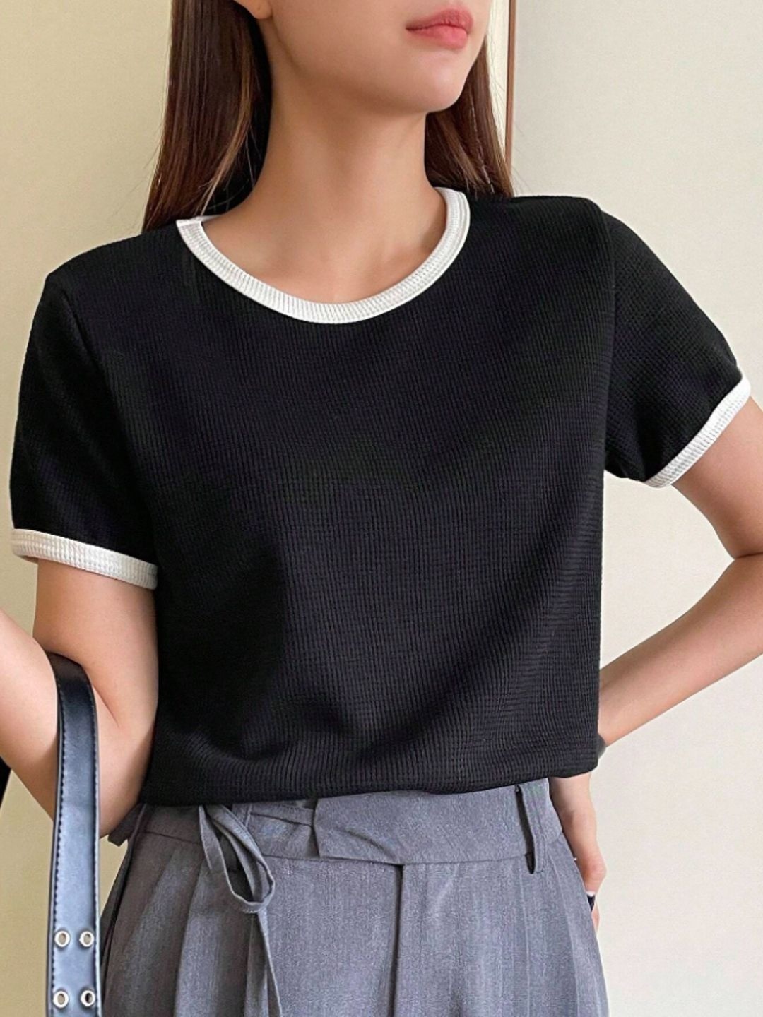 

Ajolli Women Solid Round Neck Cotton Oversized T-shirt, Navy blue