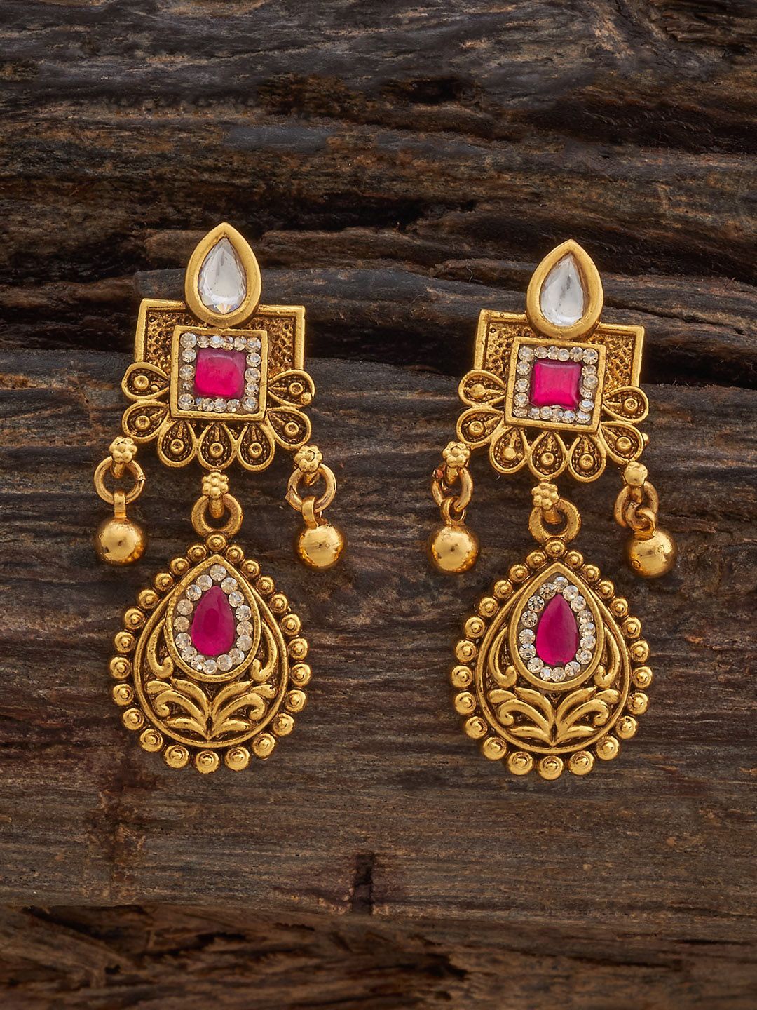 

Kushal's Fashion Jewellery Gold-Plated Classic StoneStudded & Beaded Antique Drop Earrings