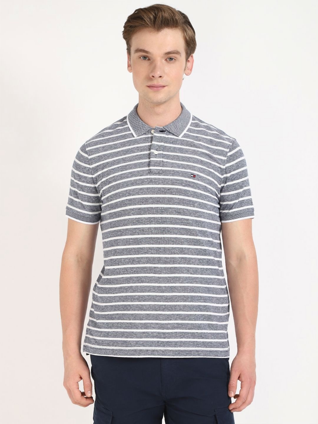 

Tommy Hilfiger Men Striped Polo Collar Cotton T-shirt, Blue