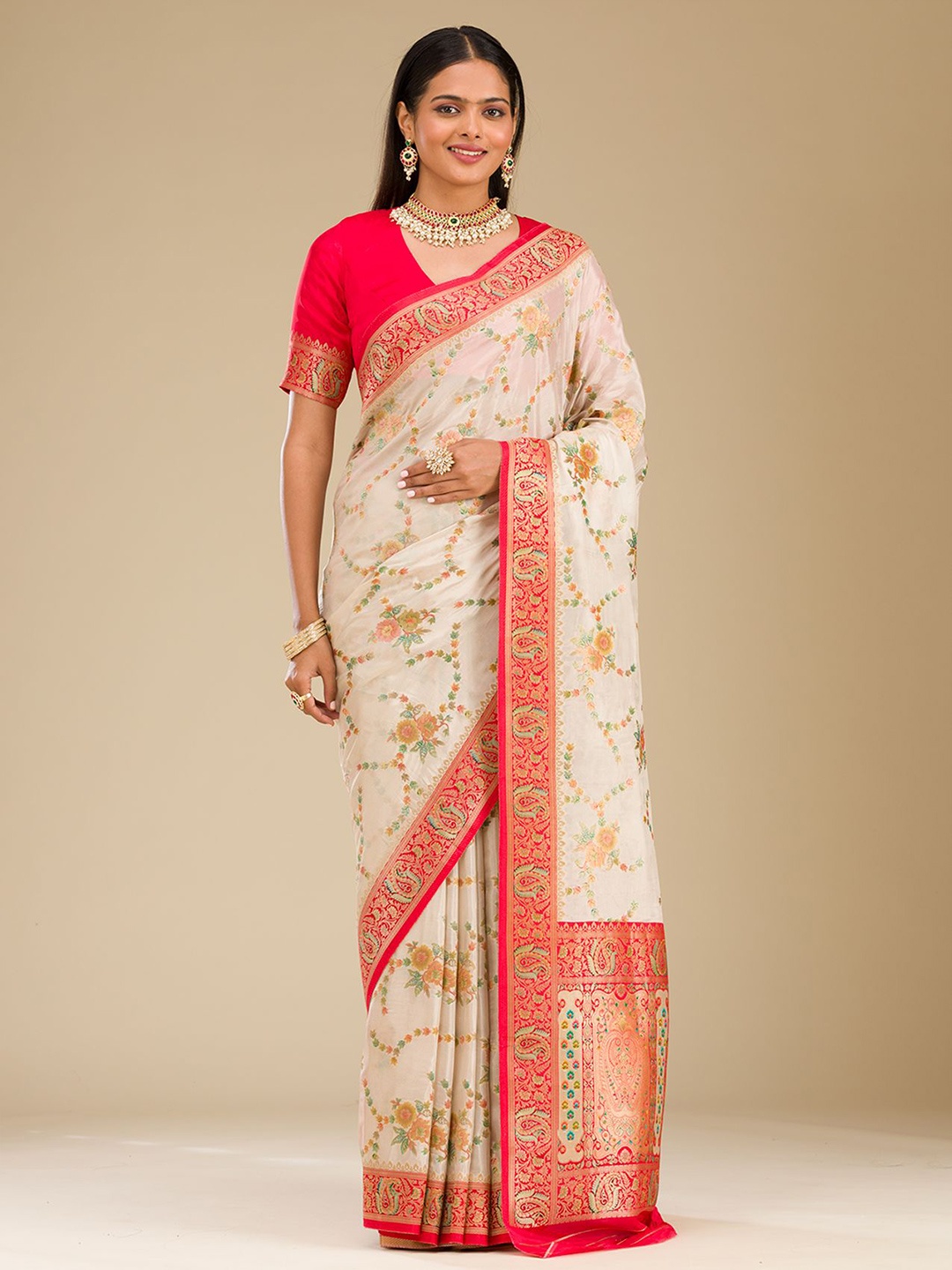 

Koskii Beige Zariwork Banarasi Silk Saree