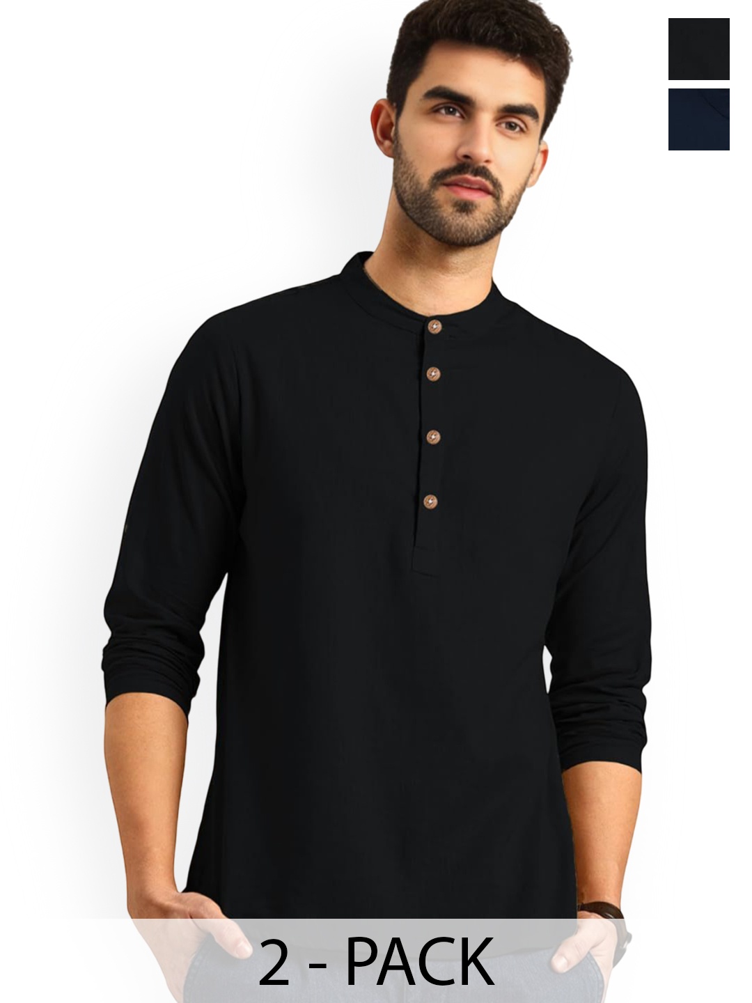 

Vida Loca Selection Of 2 Band Collar Rolled-Up Sleeves Pure Cotton Slim Fit Short Kurtas, Black