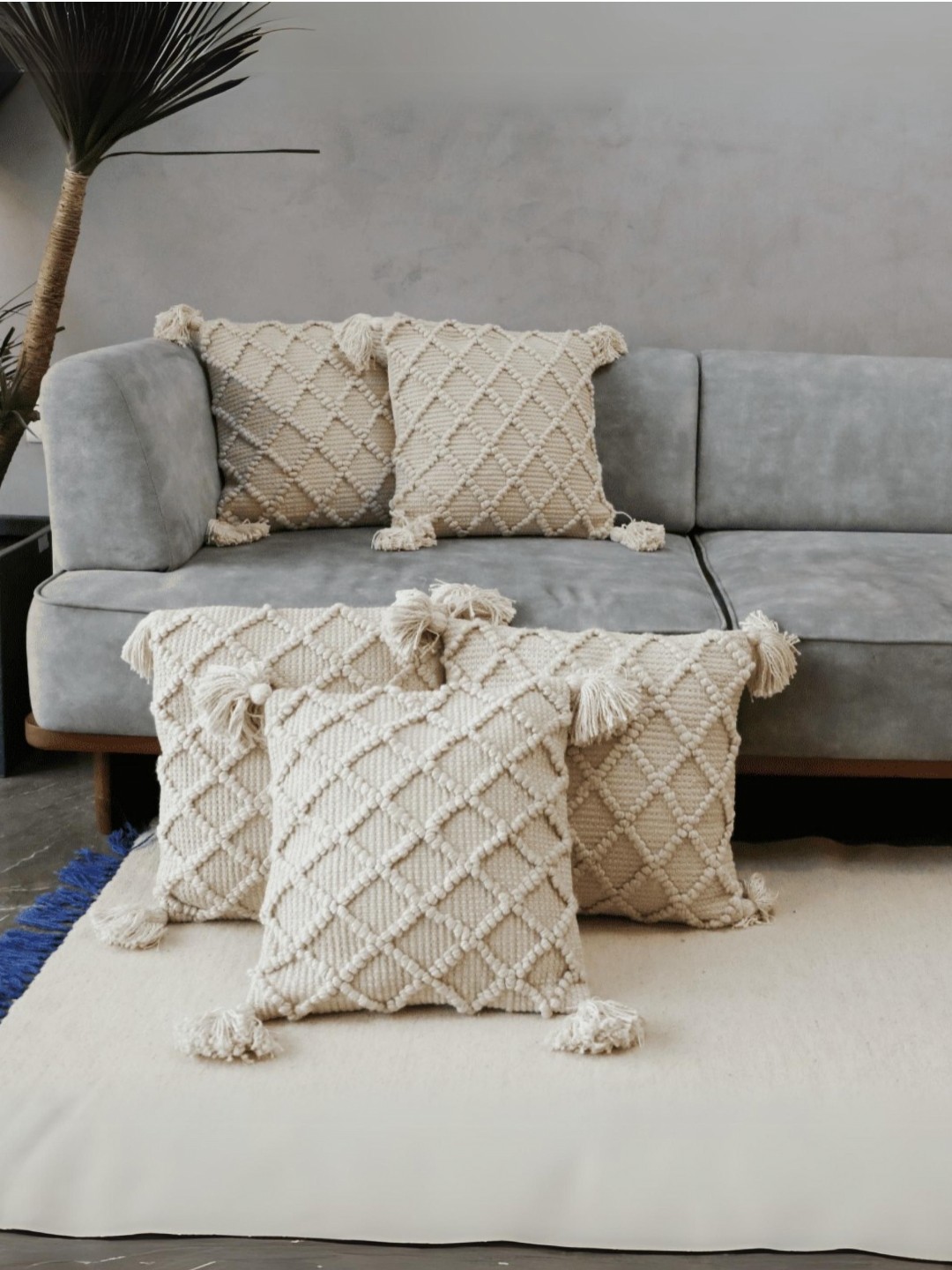 

LUSHLYF Cream 5 Pieces Geometric Textured Cotton Square Cushion Covers