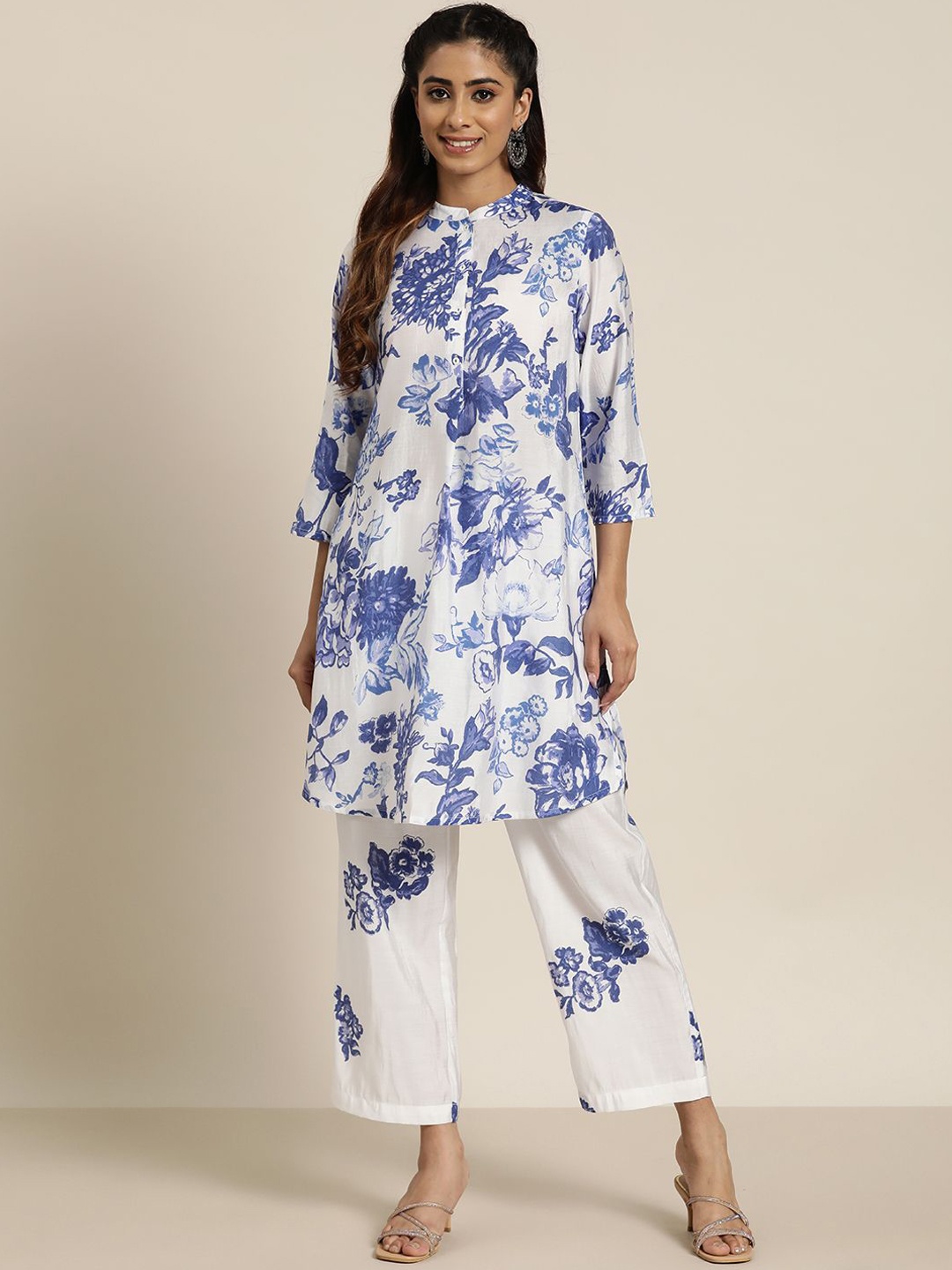 

HERE&NOW Floral Printed Mandarin Collar Straight Kurta, Blue