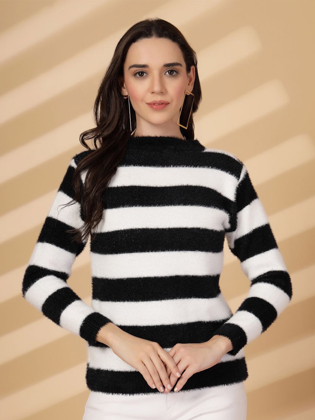 

Moda Rapido Geometric Striped Halter Neck Woollen Top, Black
