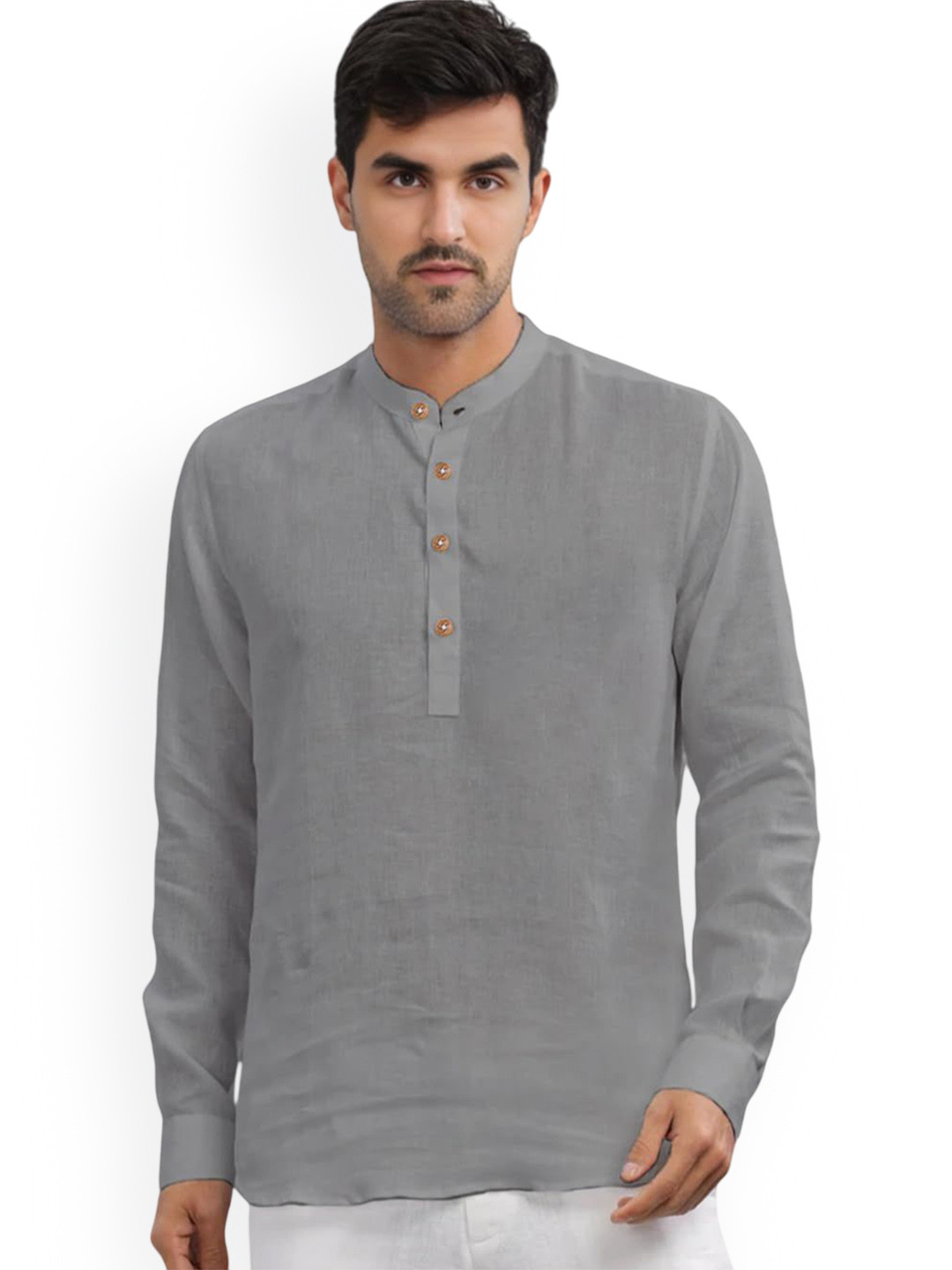 

Vida Loca Band Collar Cotton Slim Fit Straight Short Kurta, Grey