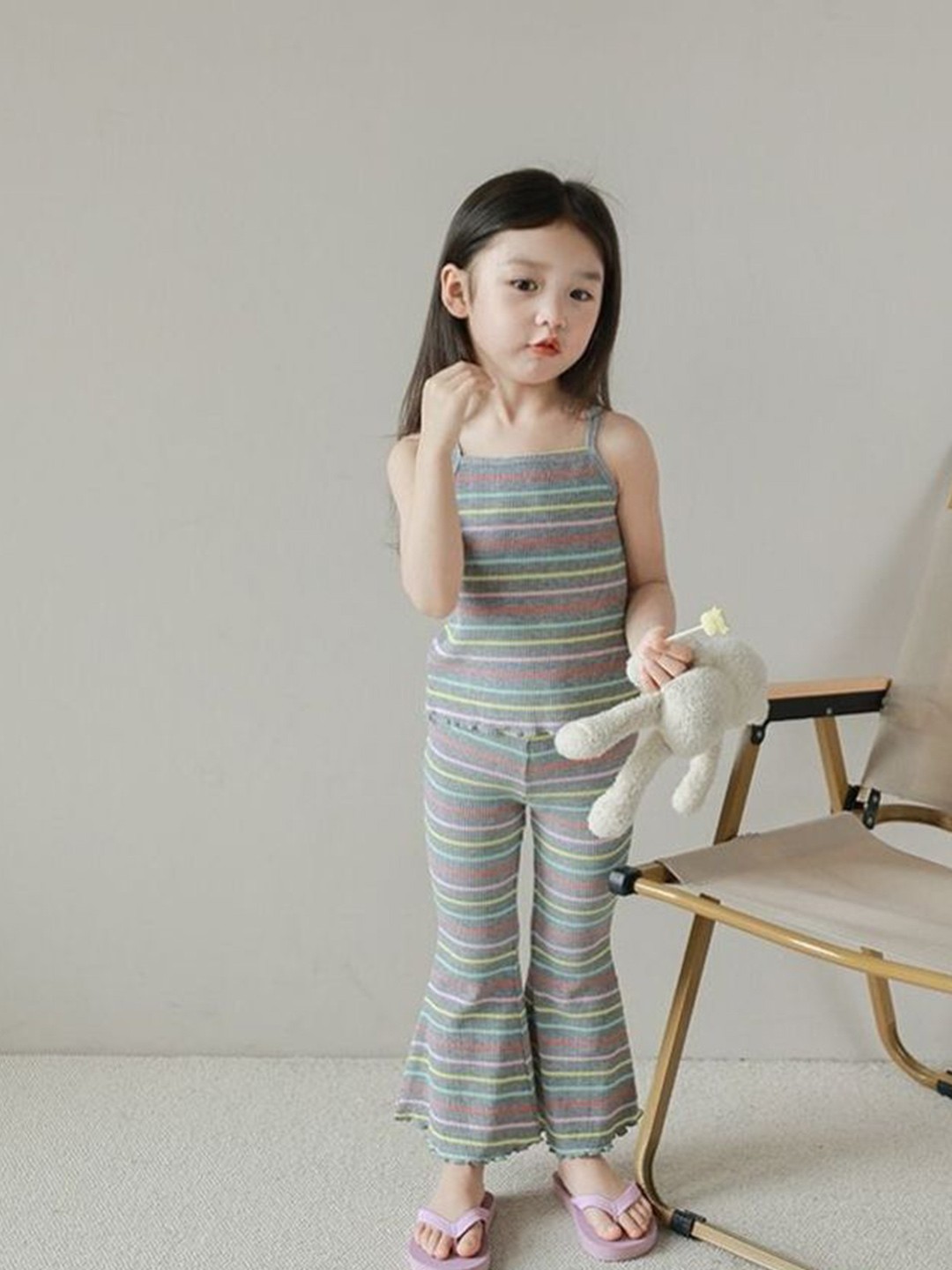 

LULU & SKY Girls Striped Shoulder Straps Top With Trousers, Grey