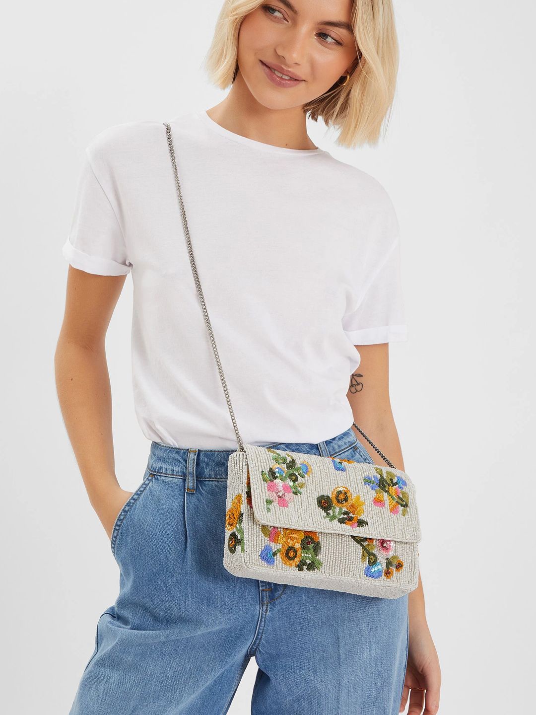

Accessorize Floral Embellished Purse Clutch, Cream
