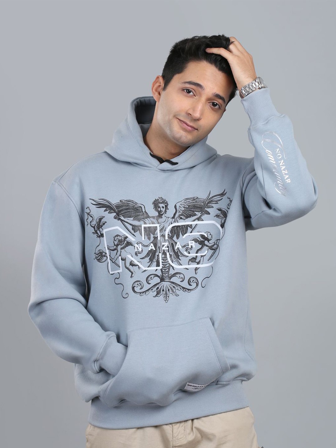 

No Nazar Unisex Printed Hooded Pullover Cotton Sweatshirt, Blue