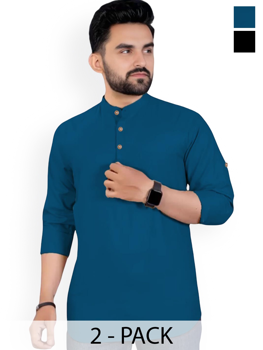 

Vida Loca Selection Of 2 Cotton Slim Fit Mandarin Collar Short Kurtas, Blue