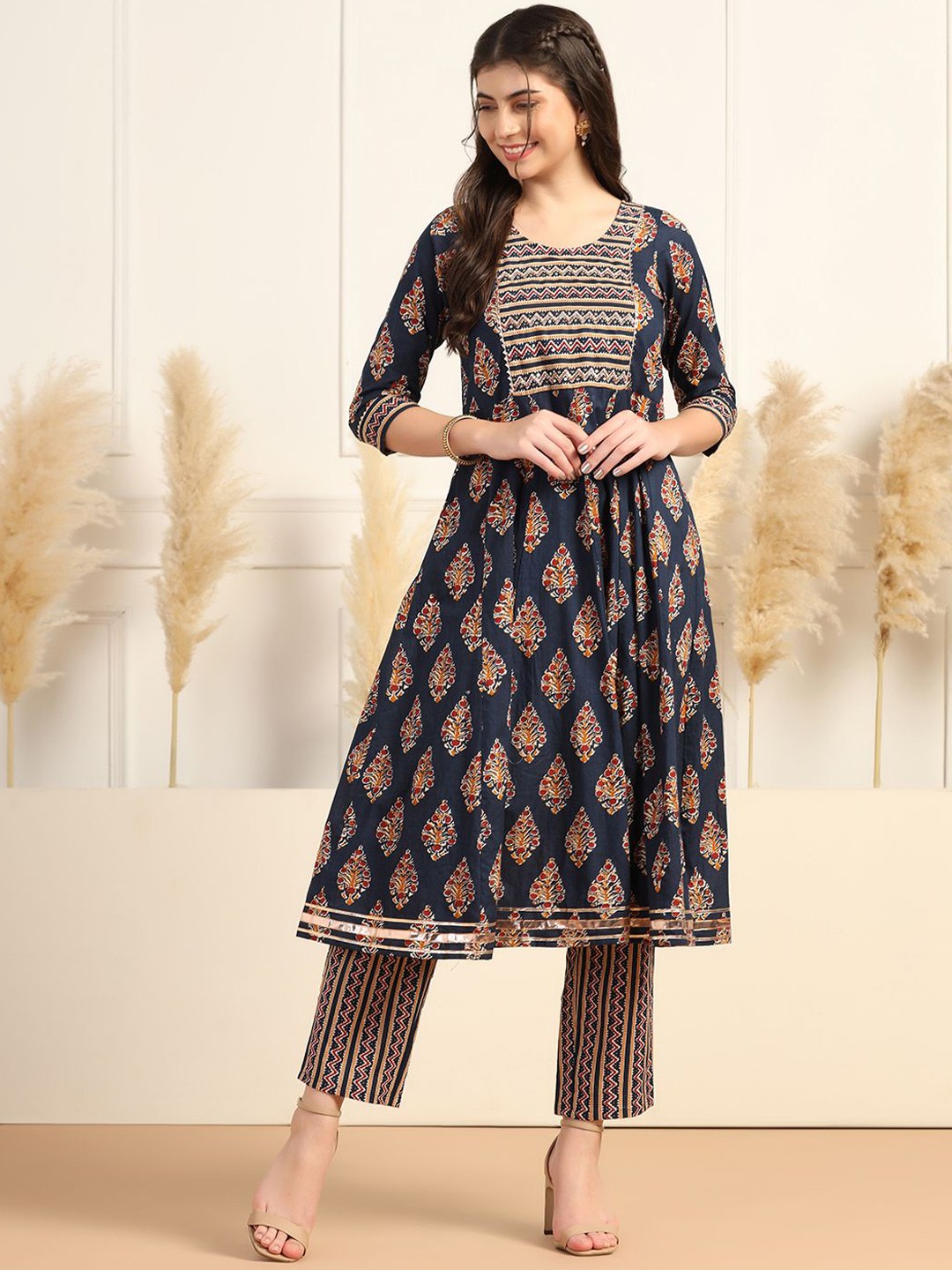 

Sangria Printed Pure Cotton Anarkali Kurta With Trousers, Blue
