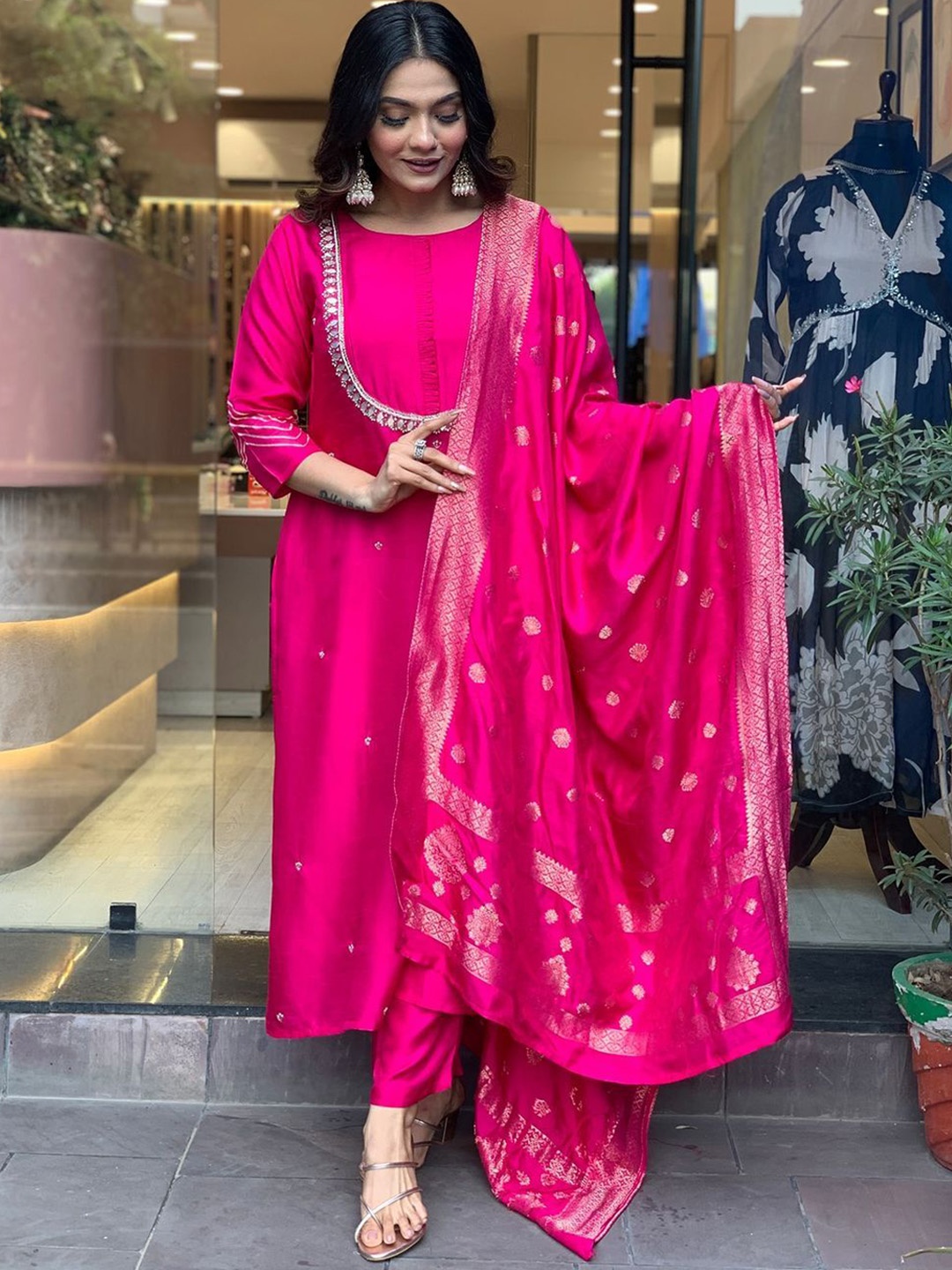 

Bought First Embroidered Straight Thread Work Kurta With Pyjamas And Dupatta, Pink