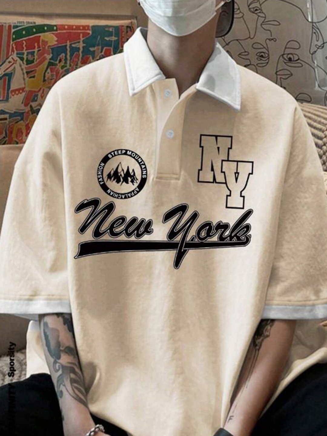 

AVEJO Men Typography Printed Polo Collar Cotton Oversized T-shirt, Beige