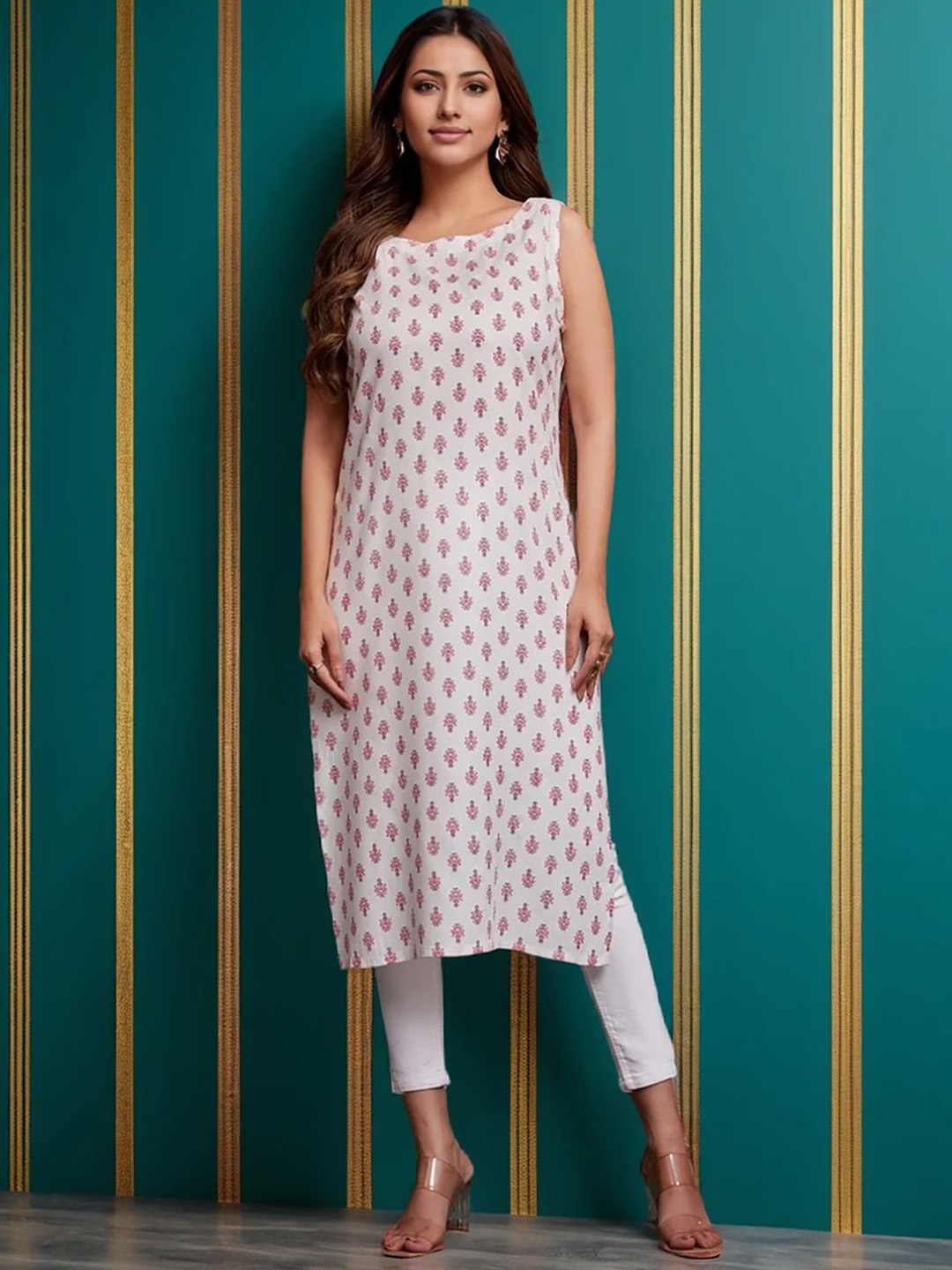 

KALINI Floral Printed Round Neck Straight Kurta, White