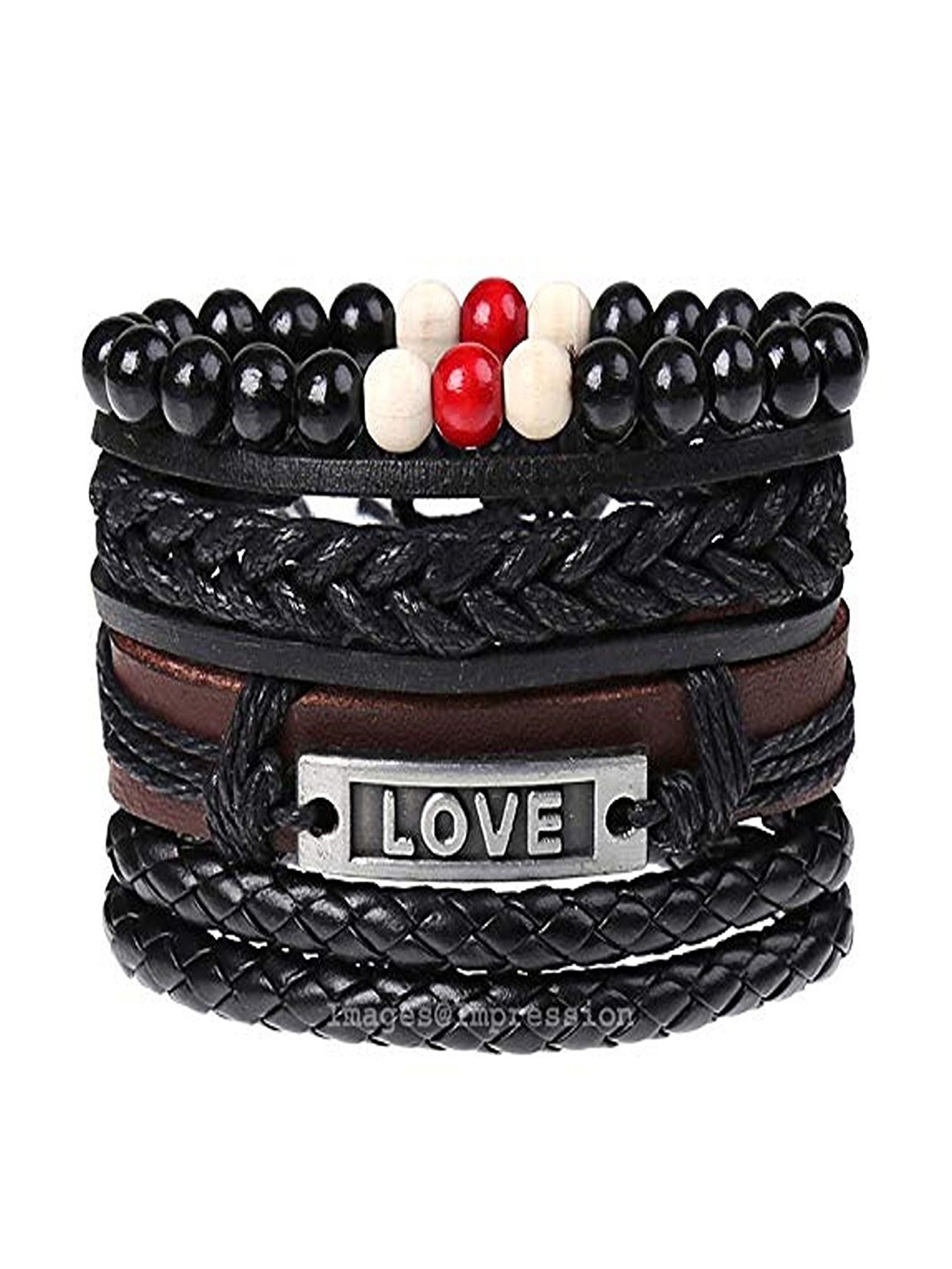 

The Roadster Lifestyle Co Men Set Of 4 Engraved Beaded Leather Wrist Wrap Bracelets, Black
