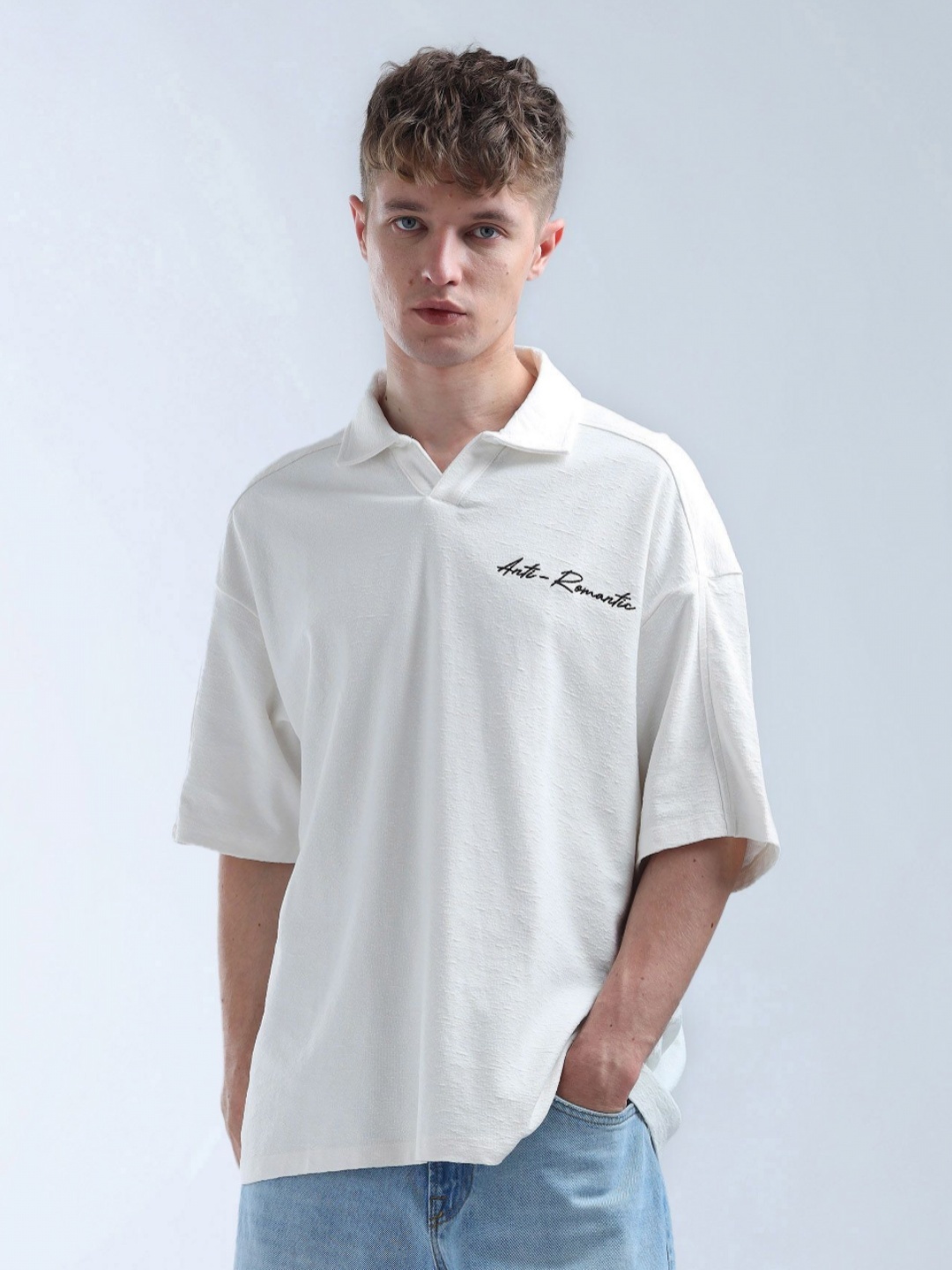 

Flying Machine Men Solid Polo Collar Cotton Oversized T-shirt, White