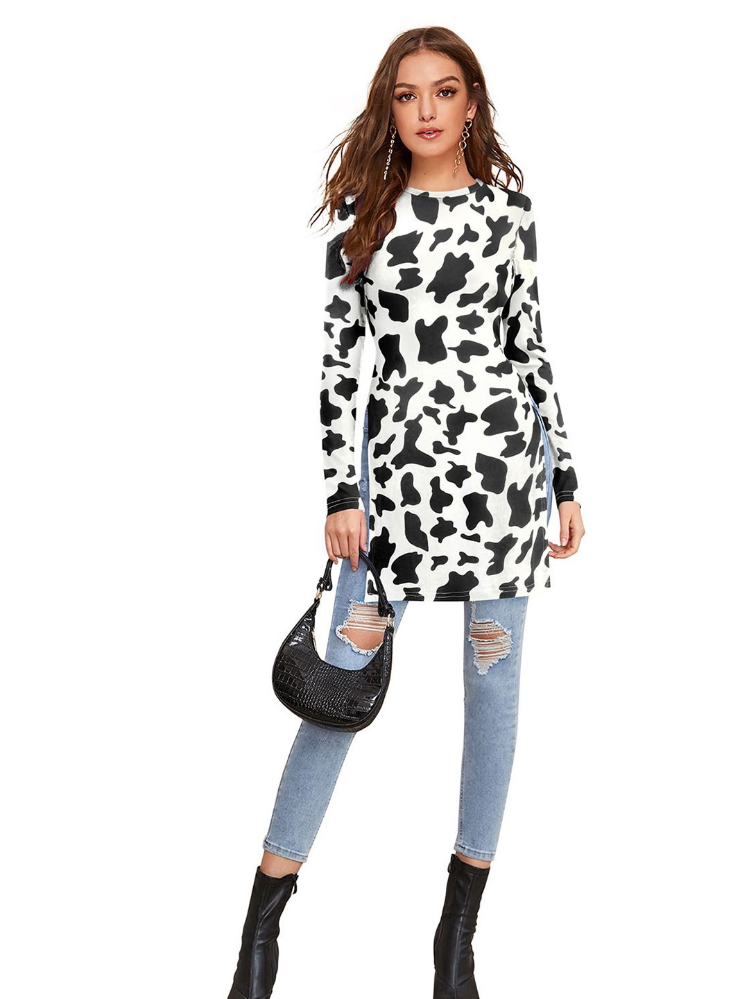 

SHOPONBIT Women Abstract Printed Round Neck Long Sleeves Regular Top, White