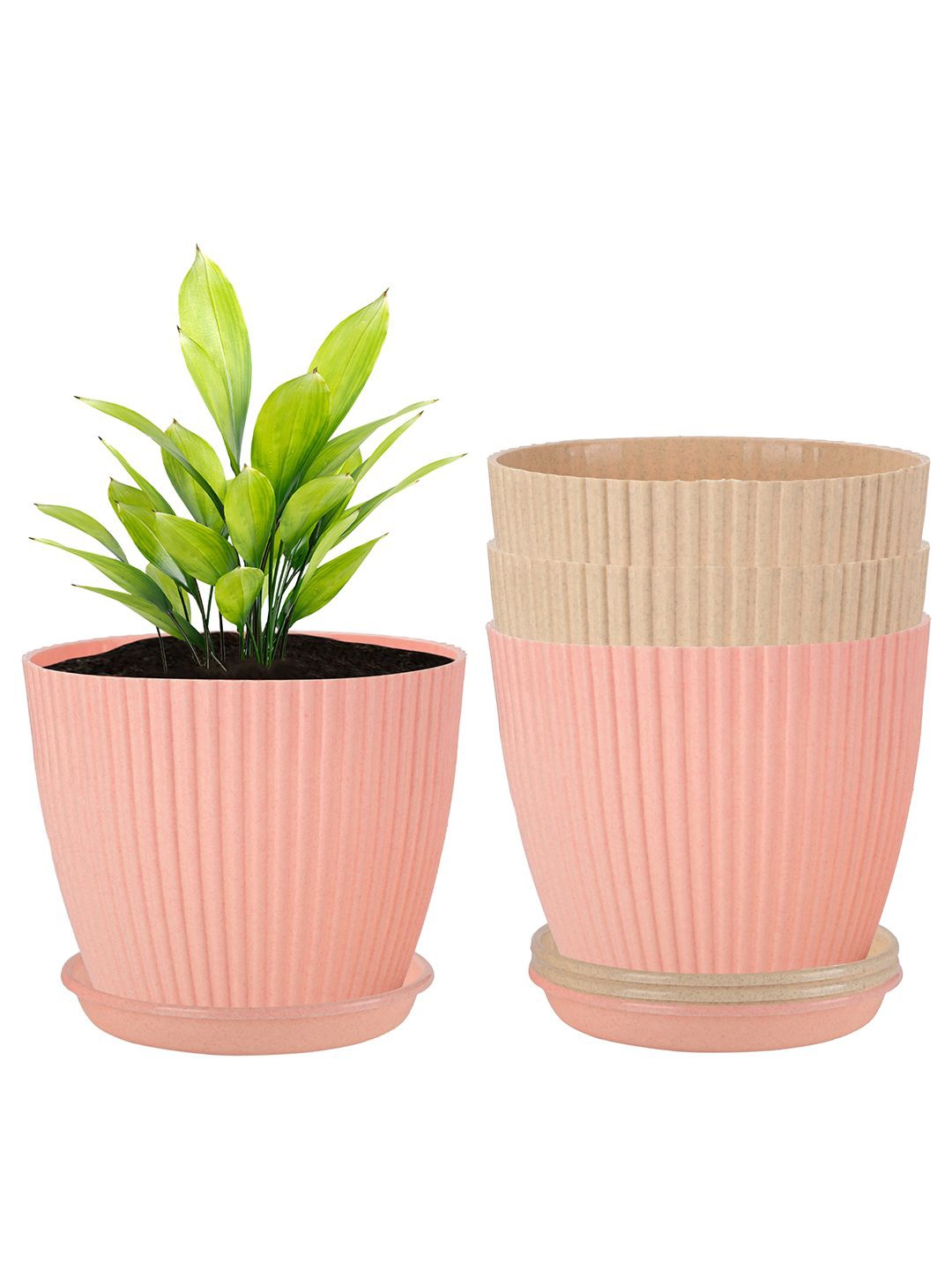 

Kuber Industries Peach Coloured & Beige 4 Pieces Textured Planters With Tray