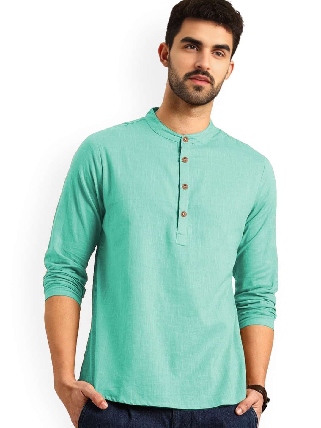 

Vida Loca Cotton Slim Fit Mandarin Collar Short Kurta, Lime green