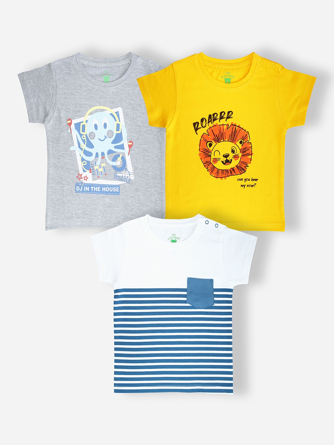 

YUV Unisex Kids Pack Of 3 Graphic Printed Round Neck Cotton T-shirts, Grey