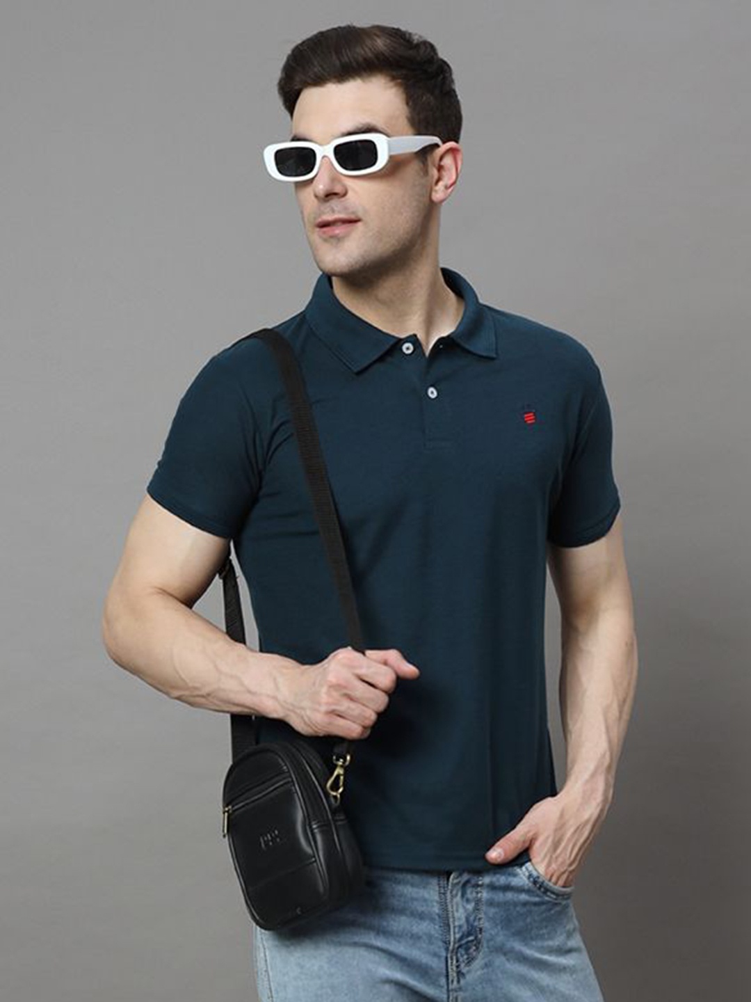 

R.ARHAN PREMIUM Men Solid Polo Collar Cotton T-shirt, Navy blue