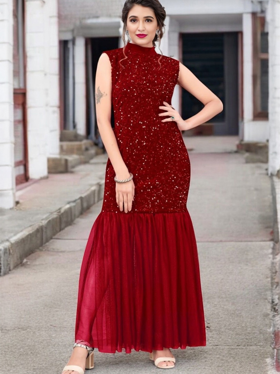 

RebikaTrendz Women Embellished Bodycon Maxi Dress, Maroon