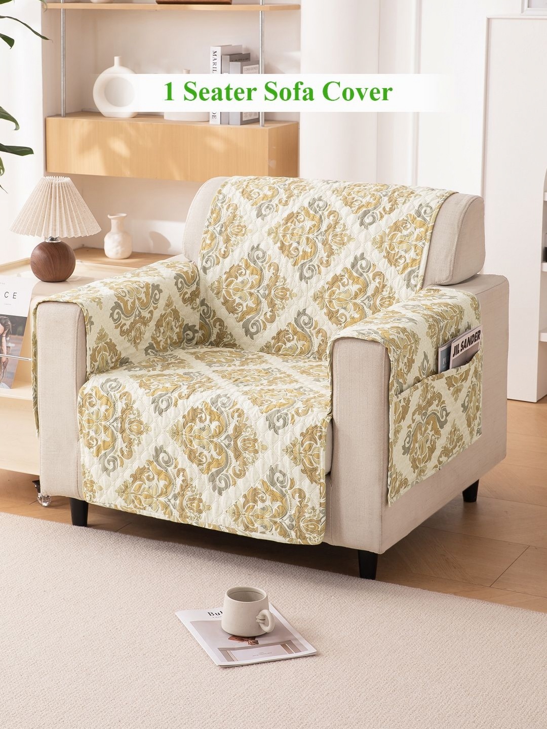 

HOKIPO Beige & White Printed Polyester 1 Seater Sofa Cover With Arms