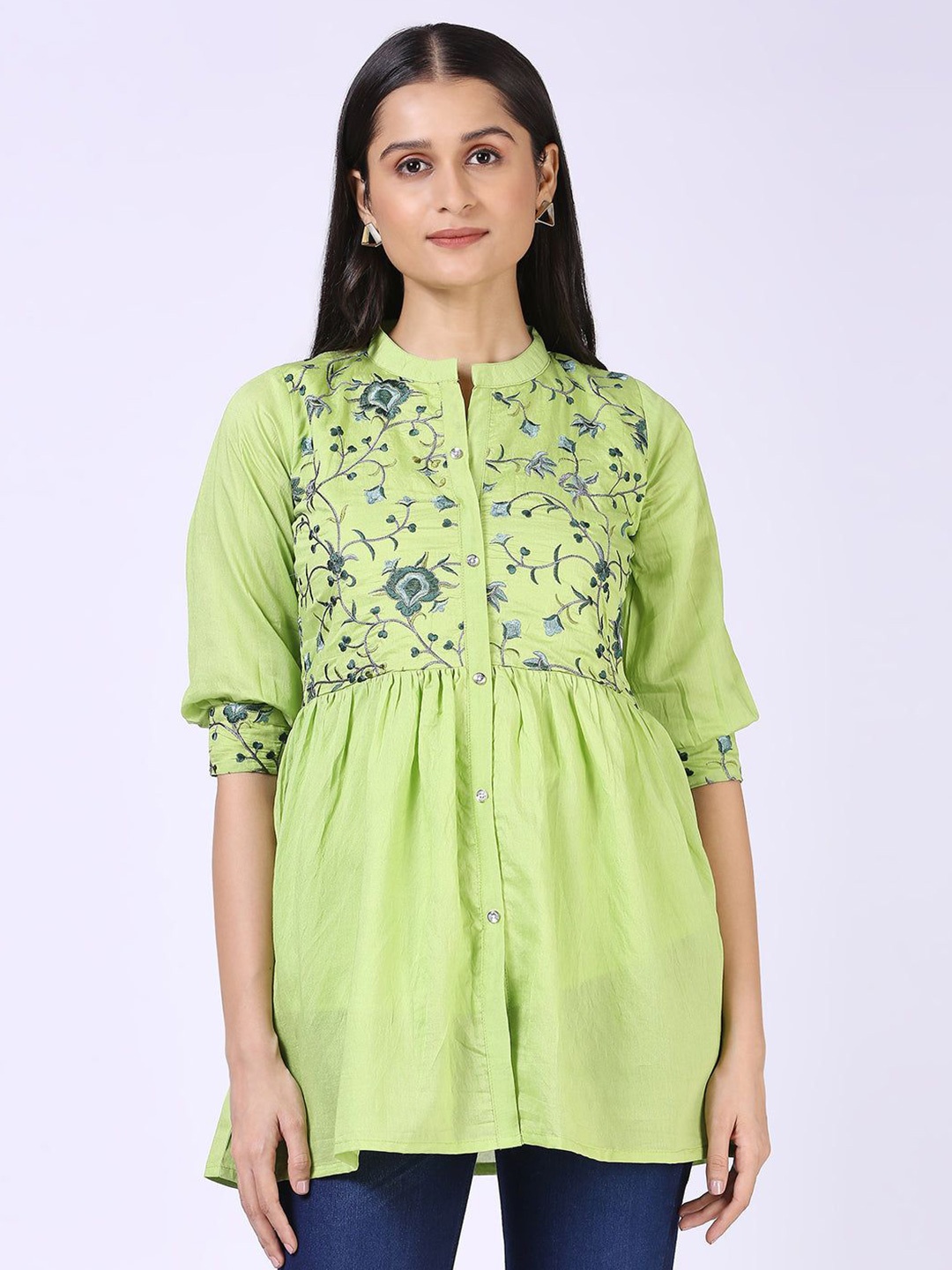 

STUNICS Floral Print Mandarin Collar Cotton Top, Green