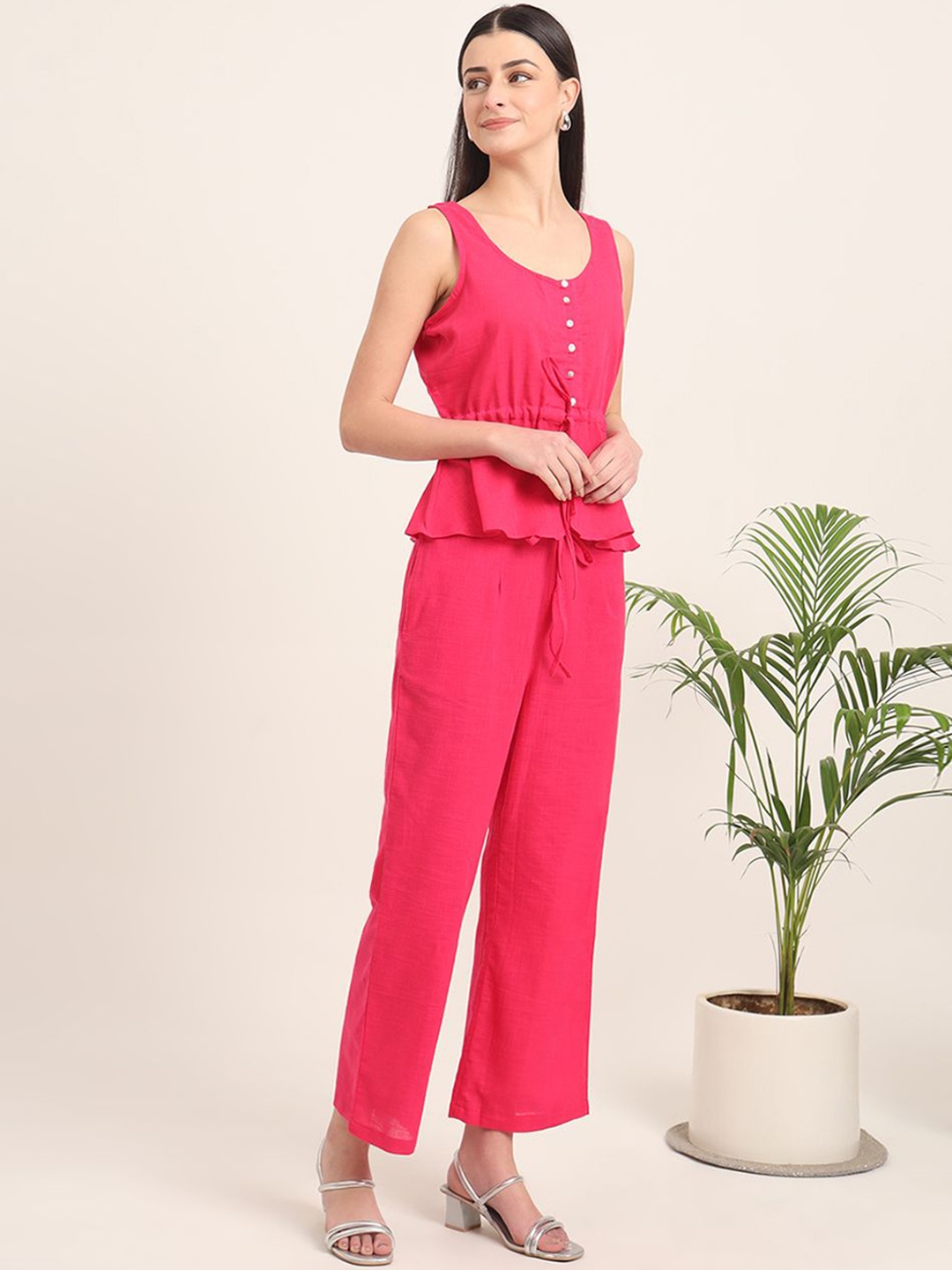 

Thevasa Round Neck Waist Tie-Ups Dawn Peplum Paradise Cotton Top, Pink