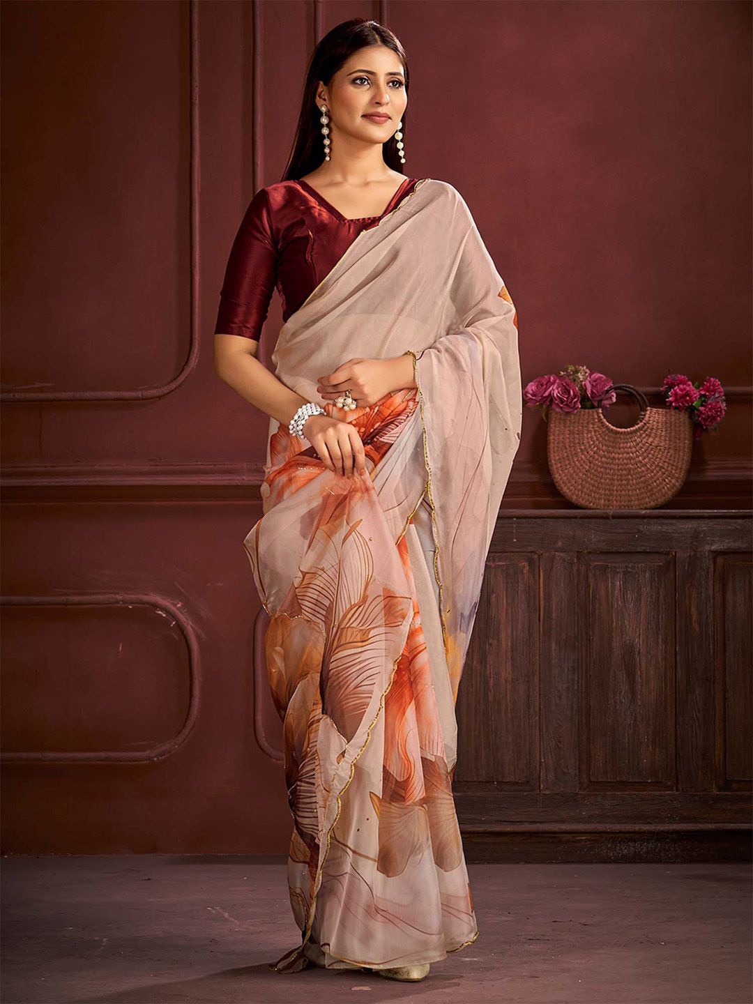 

Anouk Floral Zardozi Organza Saree, Cream