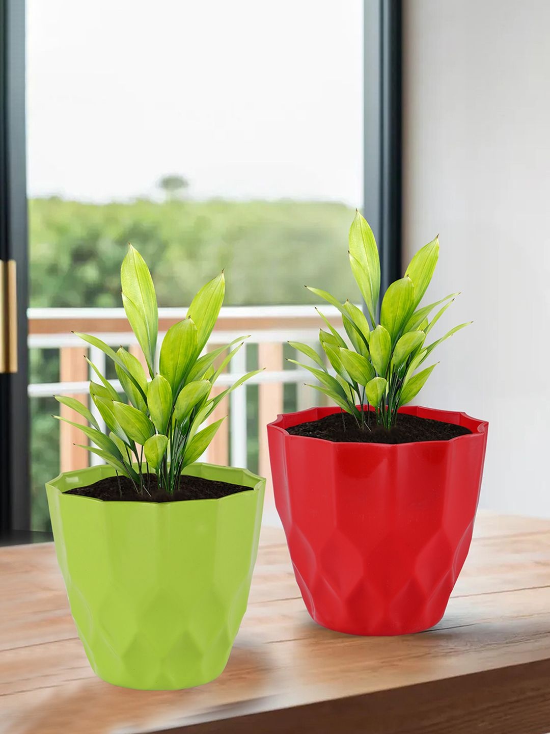 

Kuber Industries Green & Red 6 Pieces Textured Flower Pots Planters