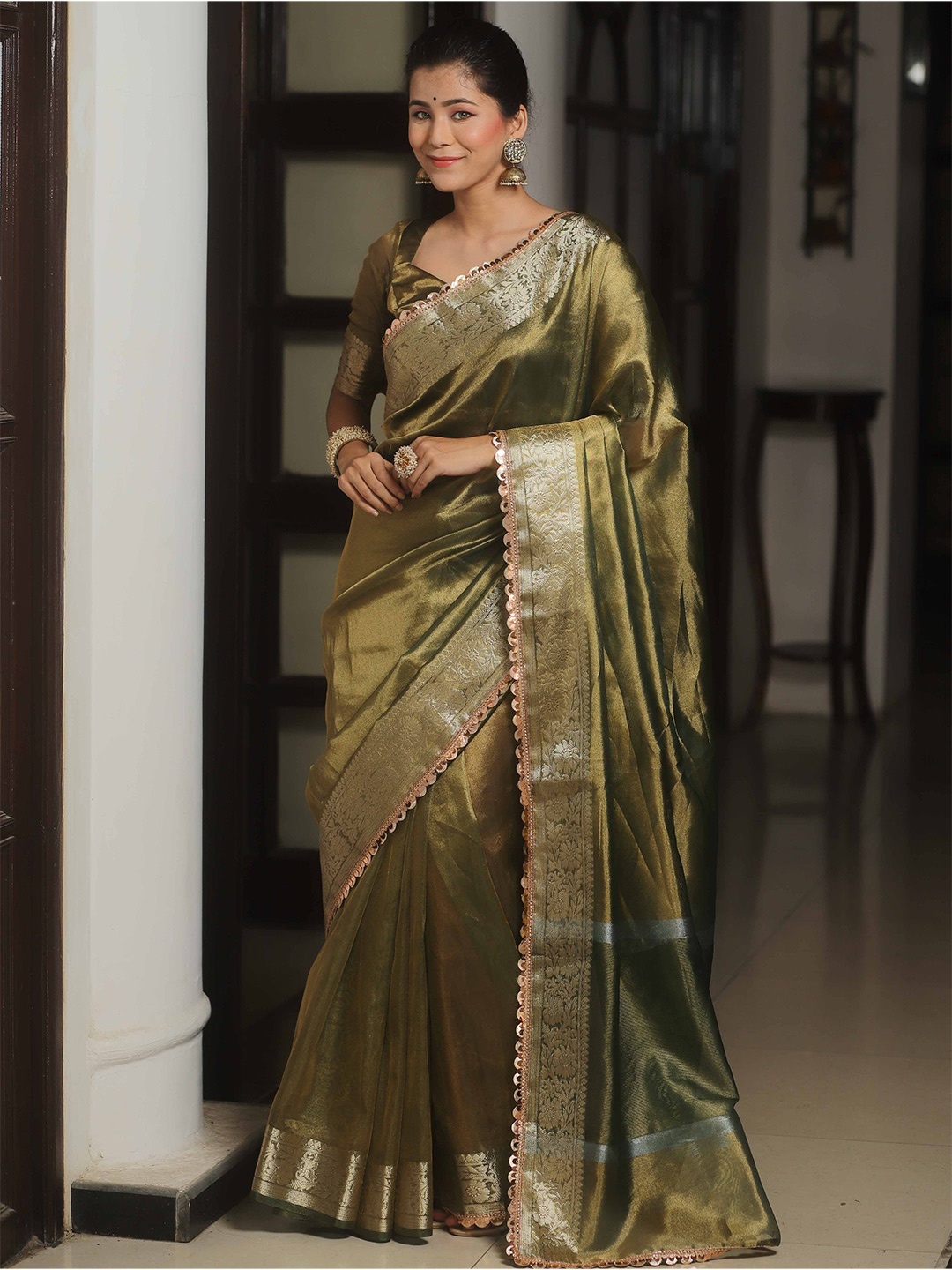 

Banarasee Zari Tissue Banarasi Saree, Green