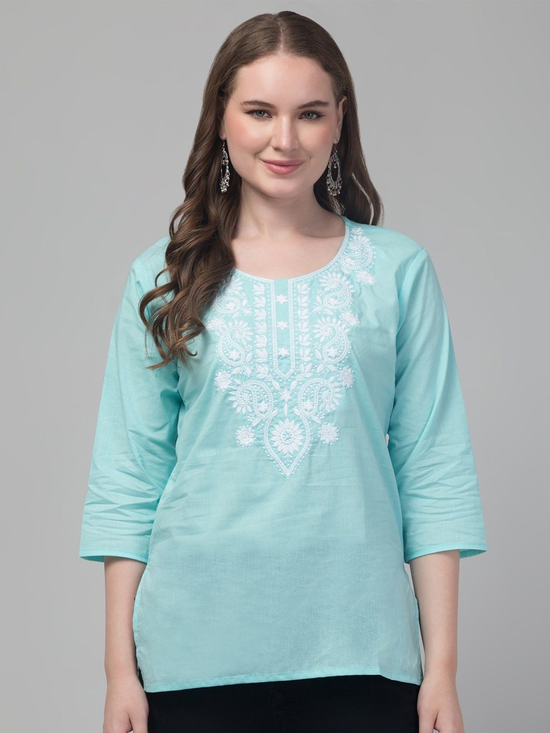 

FAMBEE Floral Embroidered Thread Work Pure Cotton Thread Work Kurti, Blue