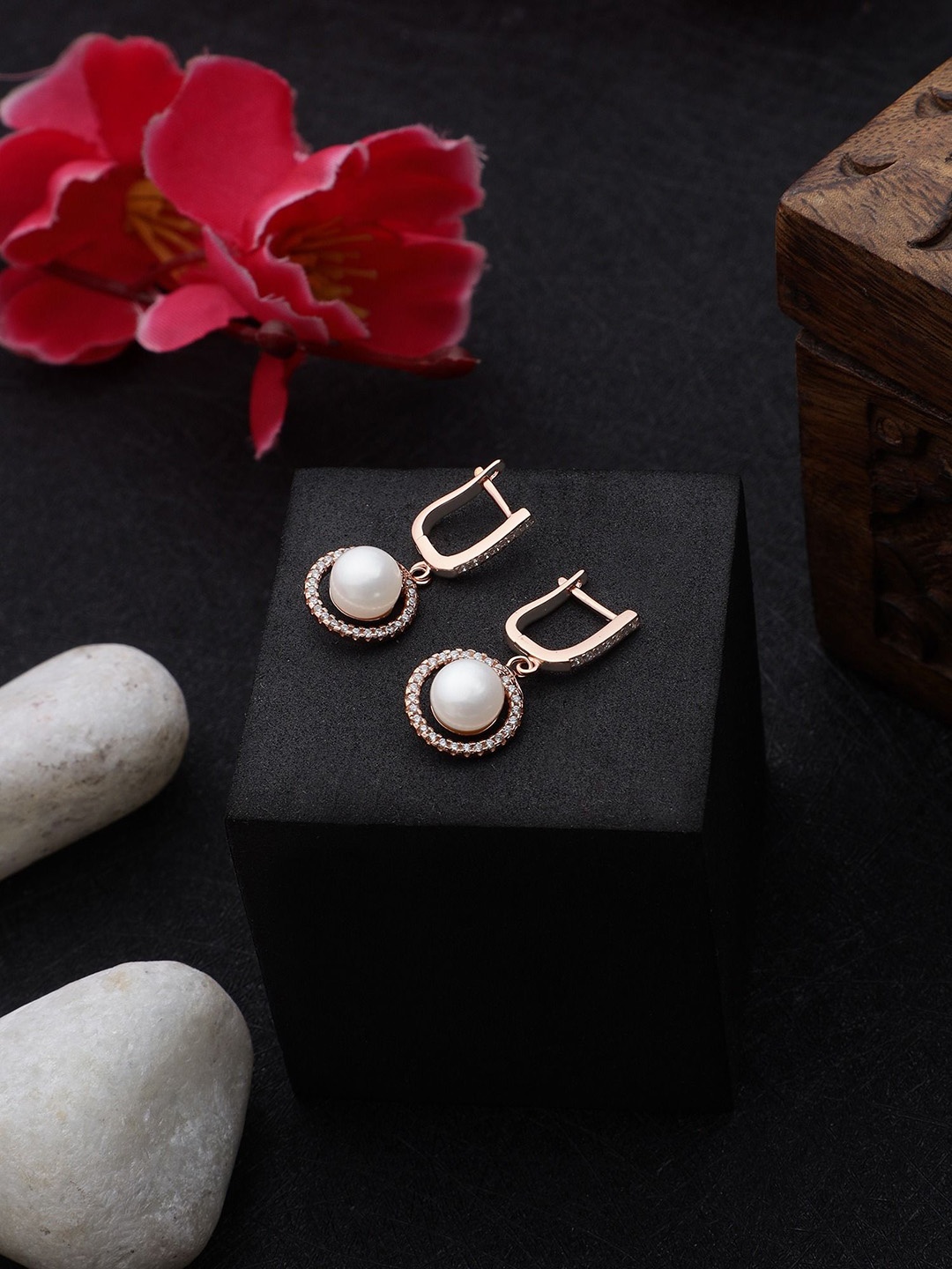 

DIAVO Rose Gold Plated Pearls Studded Contemporary Drop Earrings, Copper