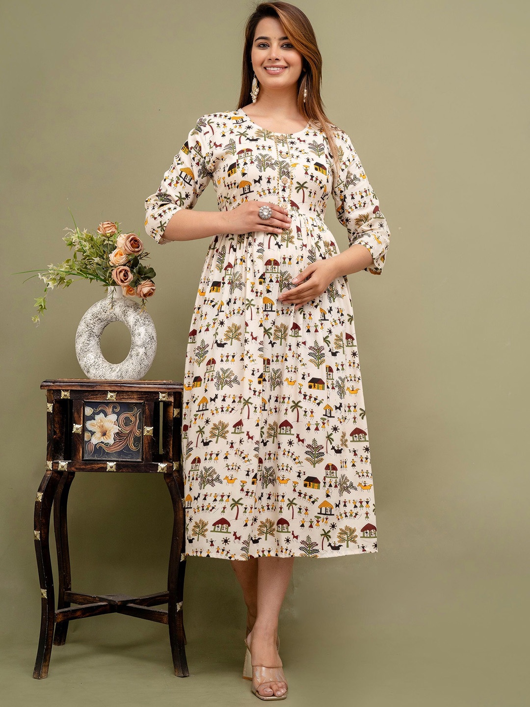 

Mialo fashion Printed Maternity Feeding Fit & Flared Ethnic Dresses, Beige