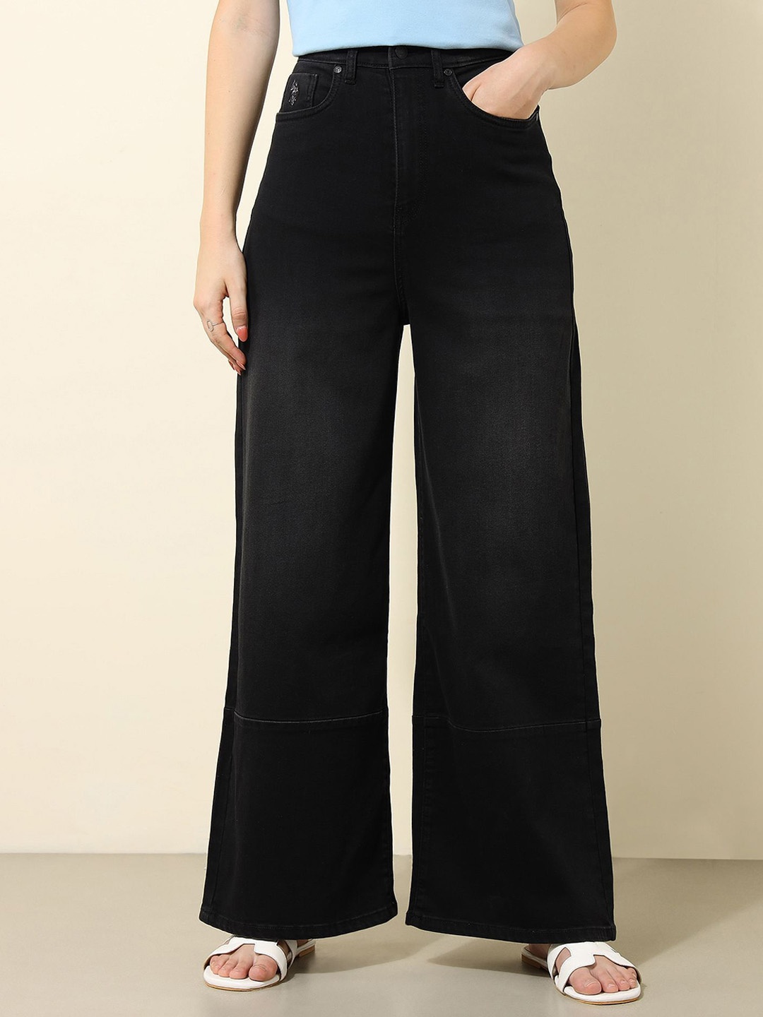 

U.S. Polo Assn. Women Women Wide Leg High-Rise Stretchable Jeans, Charcoal