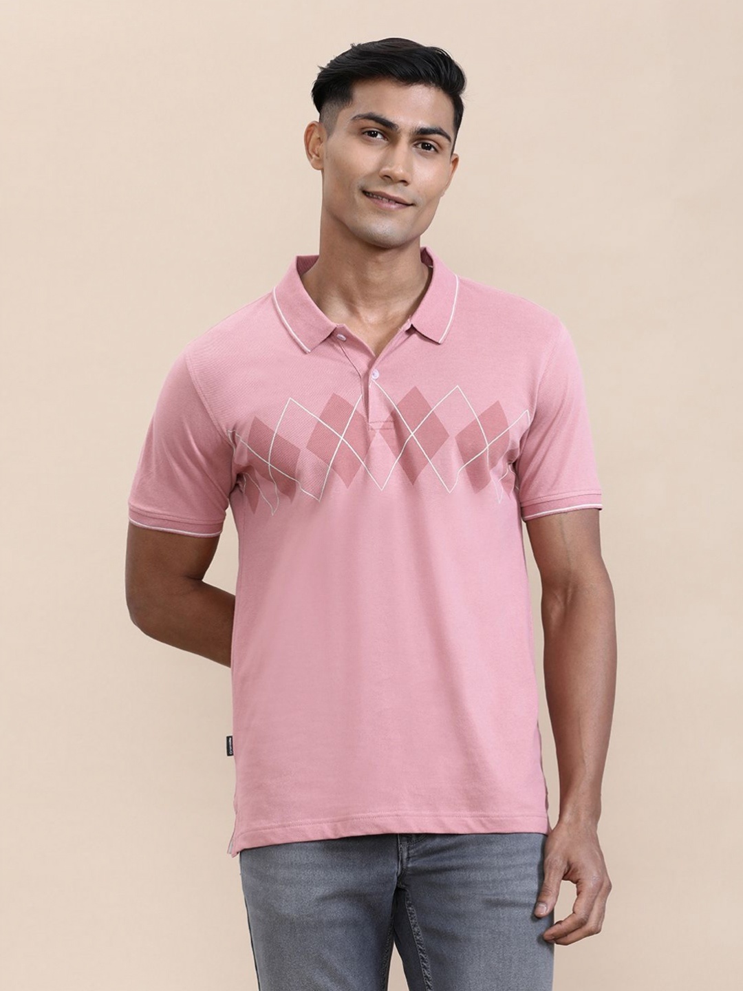 

Crocodile Men Chest Diamond Panel Print Slim Fit Polo T-shirt, Rose