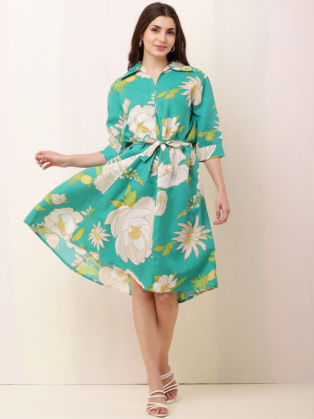 

Bright Nex Floral Printed Cotton Fit & Flare Dress, Green