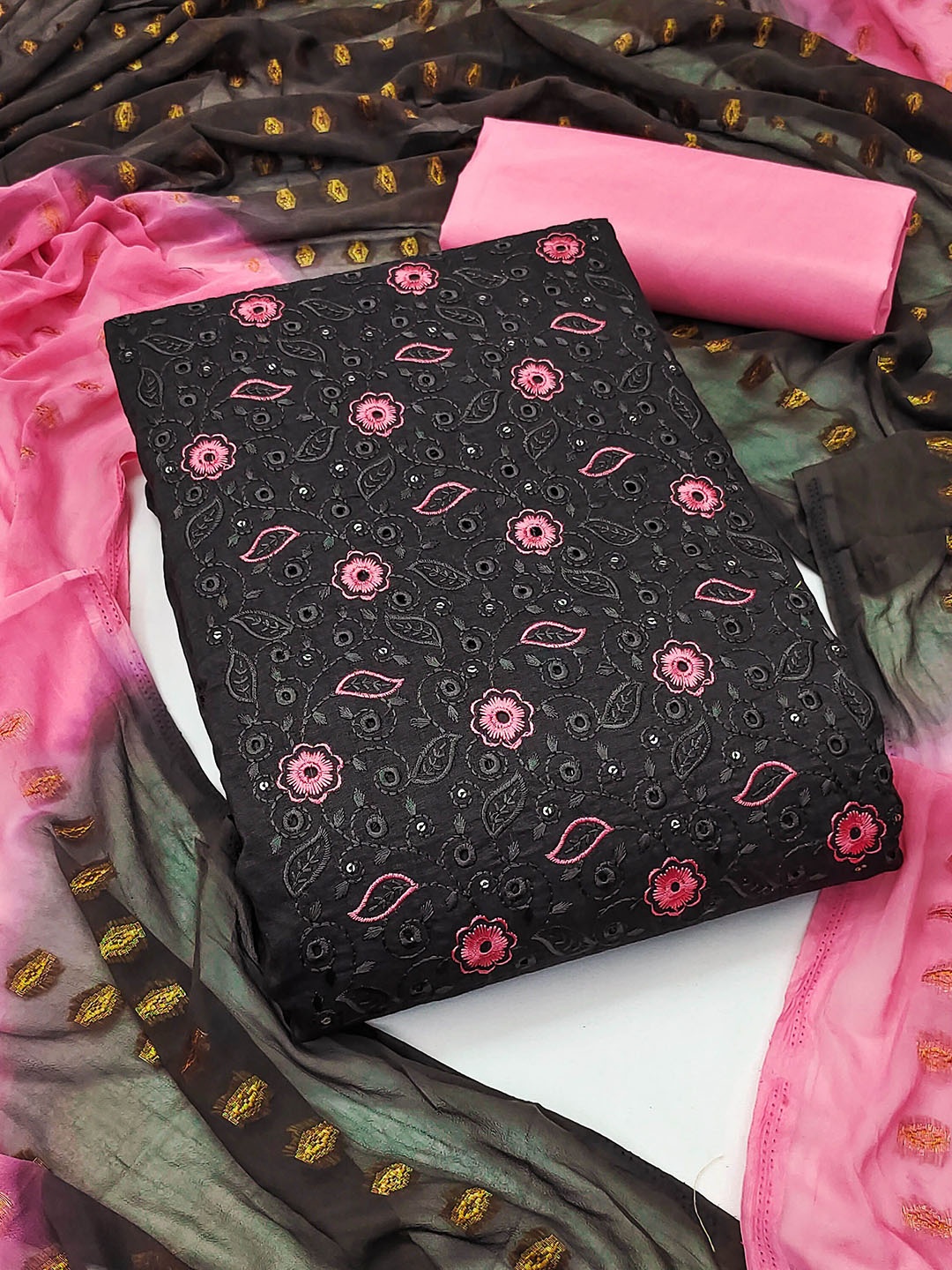 

SAINOOR Floral Embroidered Sequinned Pure Cotton Unstitched Dress Material, Black